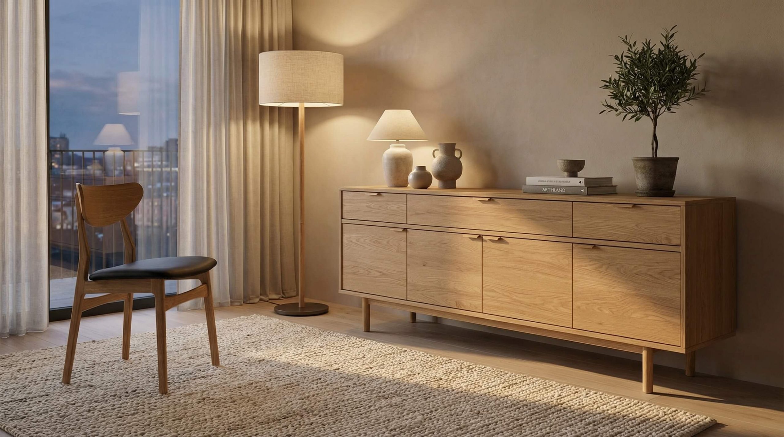 Moderne Wohnlandschaft mit warmem Licht und hochwertiger Eichenoberfläche – Eiche Holzqualität richtig beurteilen.