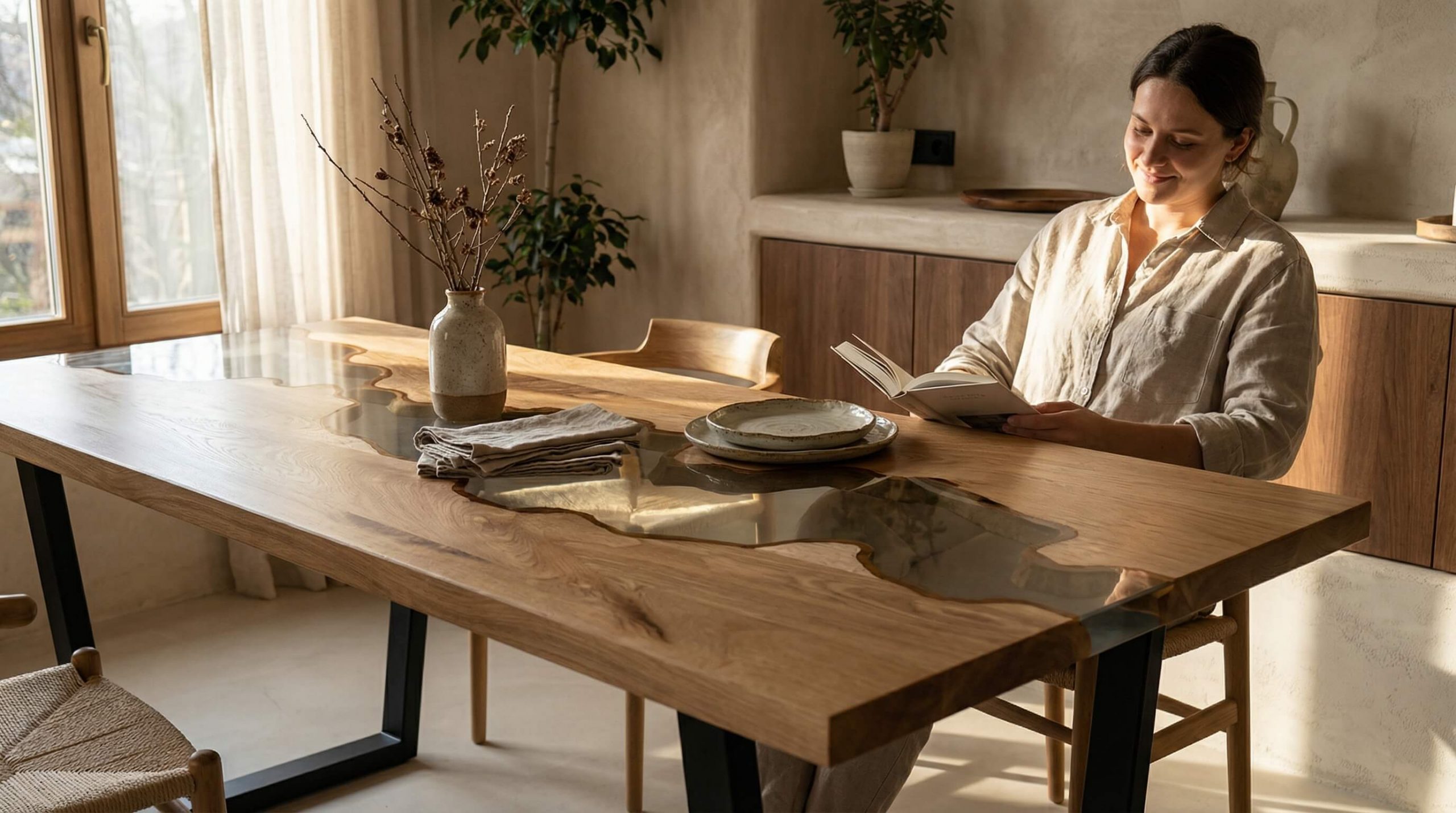 Moderner Essbereich mit massivem Treesure-Holztisch, warmem Licht und Hinweis auf Esstisch Größe optimale Maße.