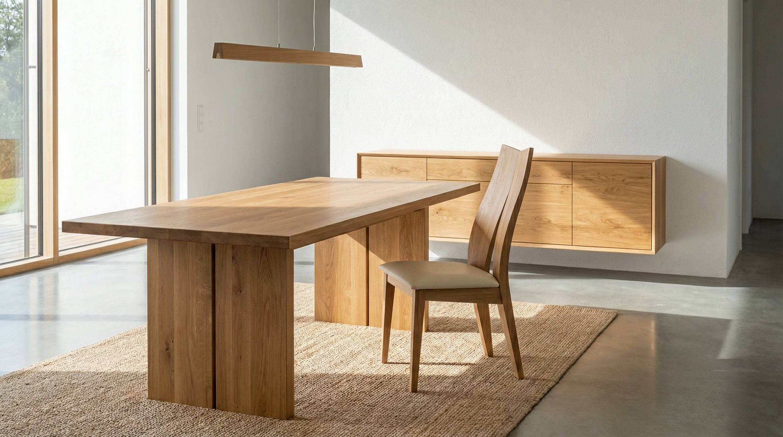 Moderner Essplatz mit ergonomischer Massivholz Esszimmerstuhl Komfort und warmen Eichenholzoberflächen im Tageslicht.