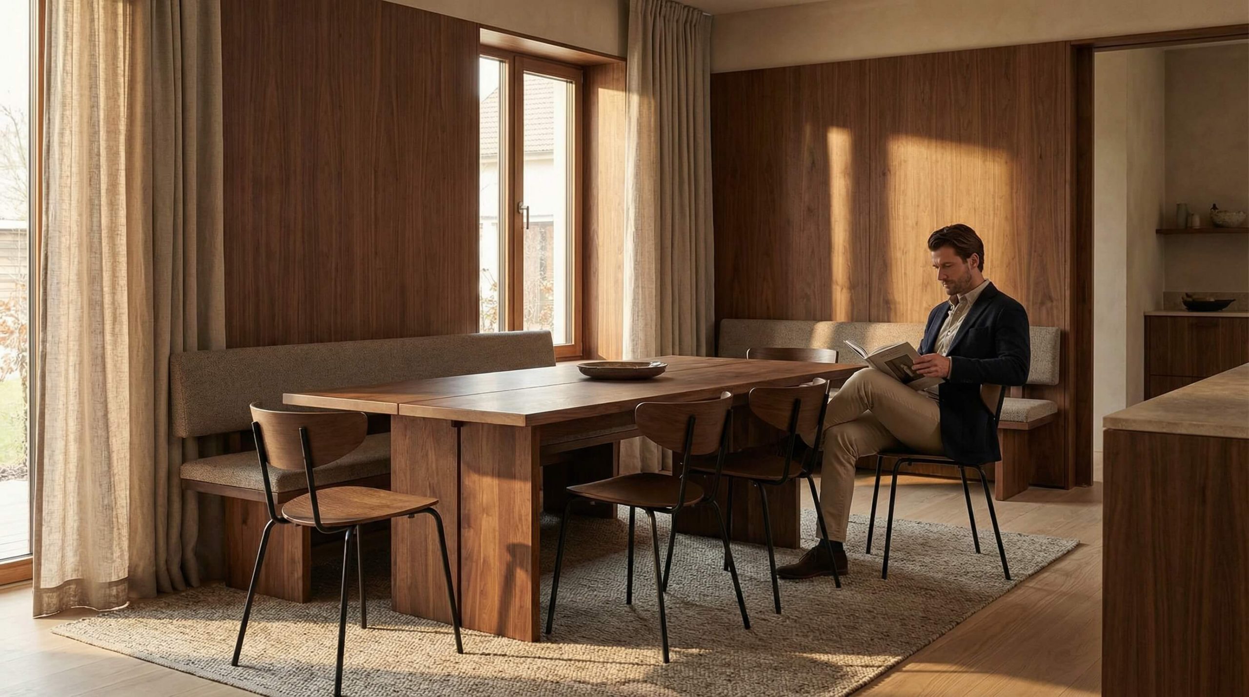 Hochwertiger Gastronomie-Diningbereich mit Fokus auf Gastronomie Stuhlwahl Komfort Langlebigkeit in warmem, natürlichem Eichenholz.