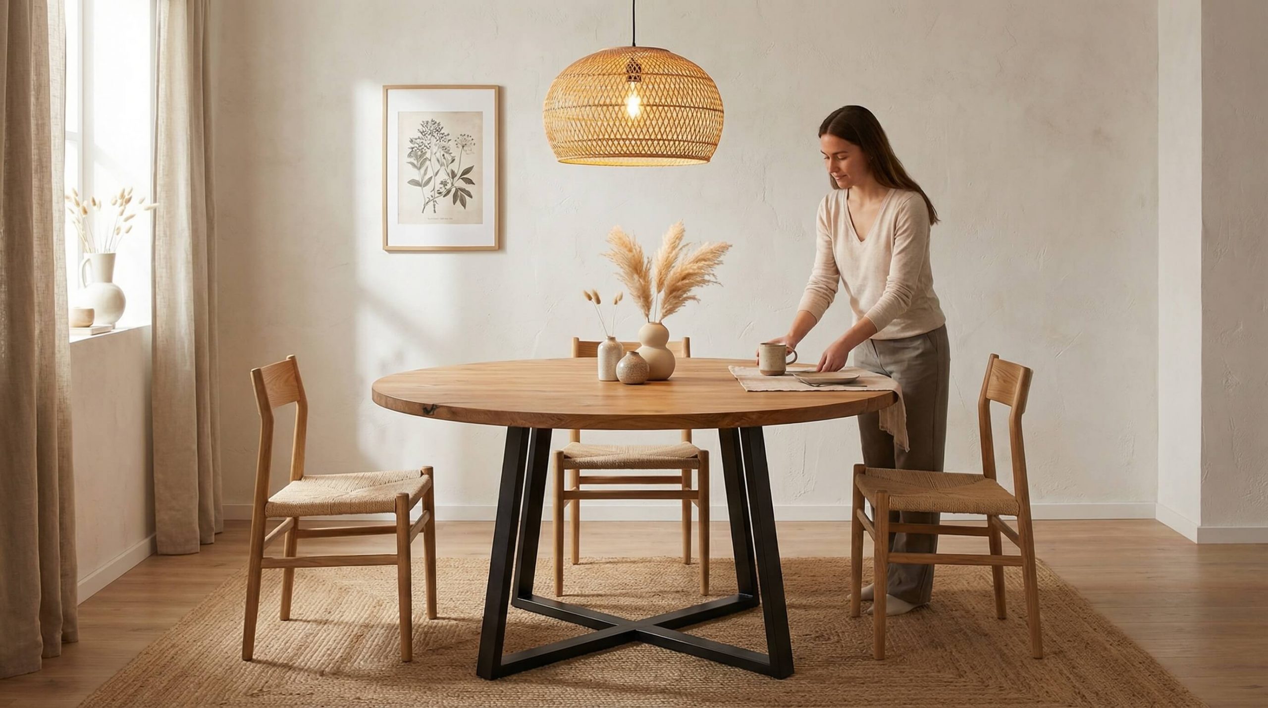 Moderner minimalistisch eingerichteter Raum mit rundem Massivholz Esstisch Auswahl kleine Räume und natürlicher Eichenstruktur.