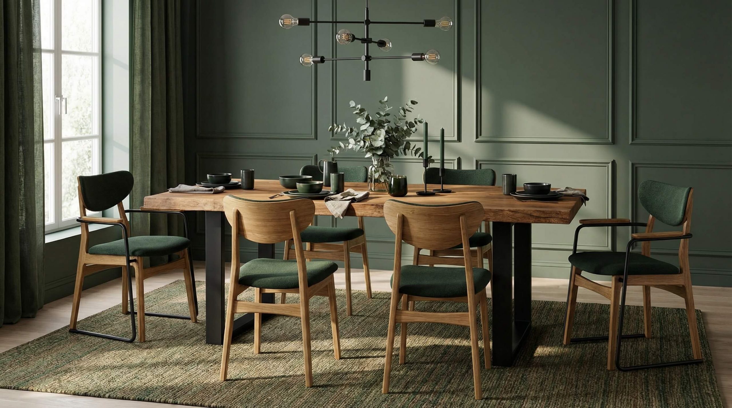 Modernes Esszimmer mit Eichenholz und kontrastreichen Farb Material Kombinationen Eichenholz im warmen Licht