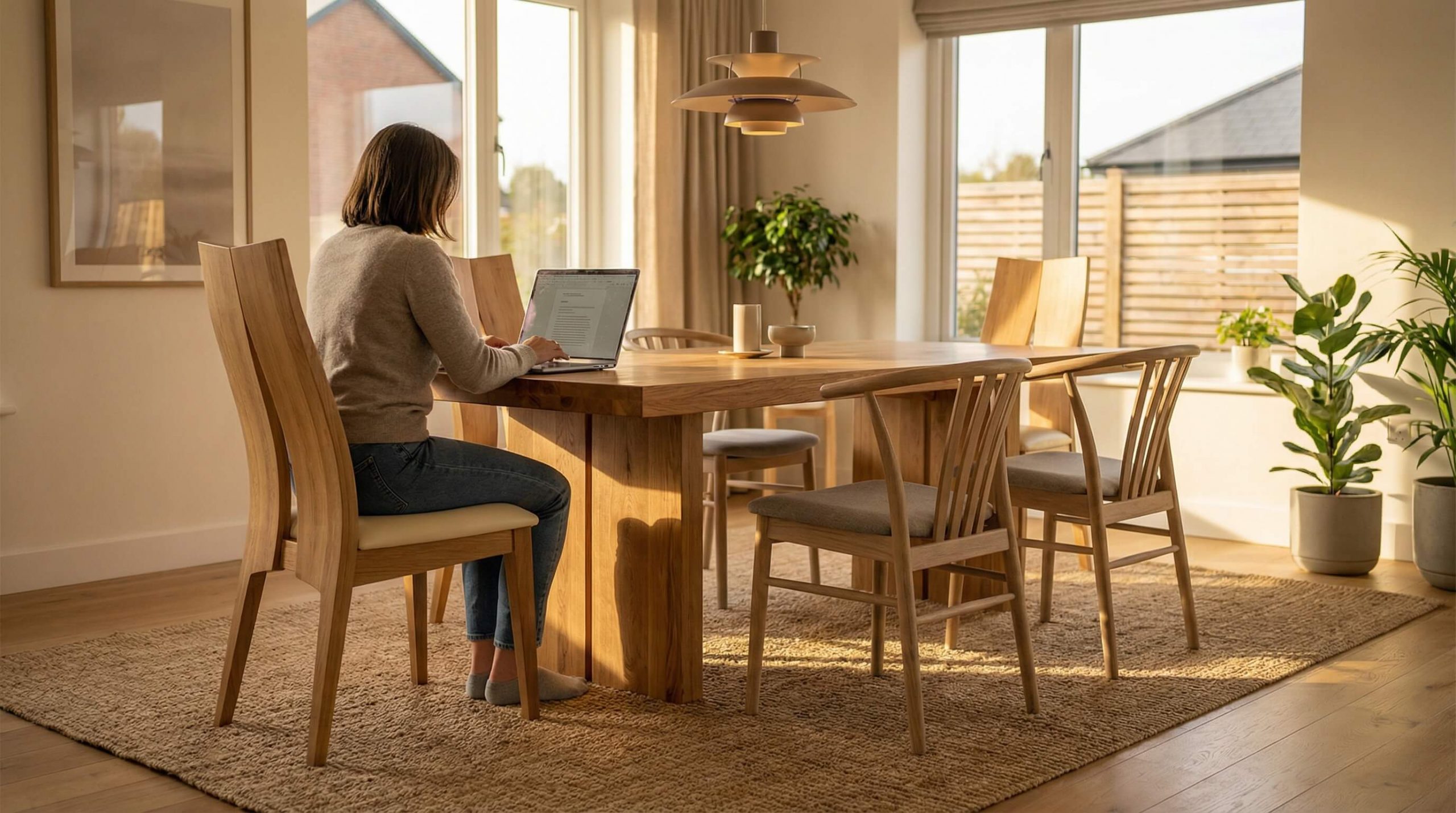 Offener Essbereich mit ergonomische Esszimmerstühle gesundes Sitzen, natürlicher Holzmaserung und warmem Tageslicht.