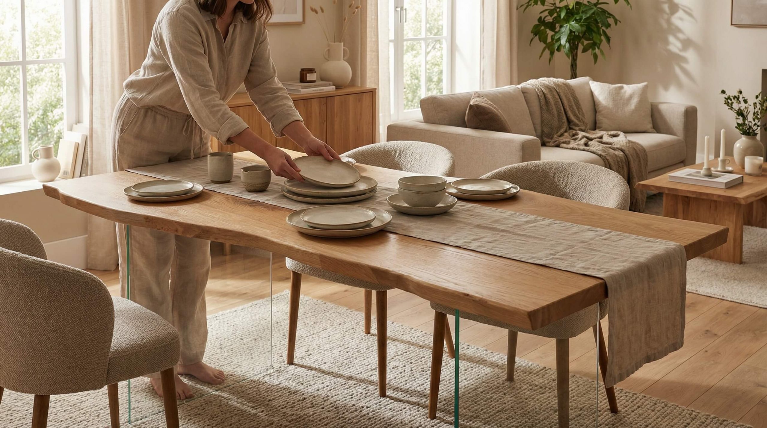 Offener Wohn- und Essbereich mit Eichemöbeln, weichem Licht und realistischen Texturen – hilfreich um Esszimmer Tischgröße planen zu können.