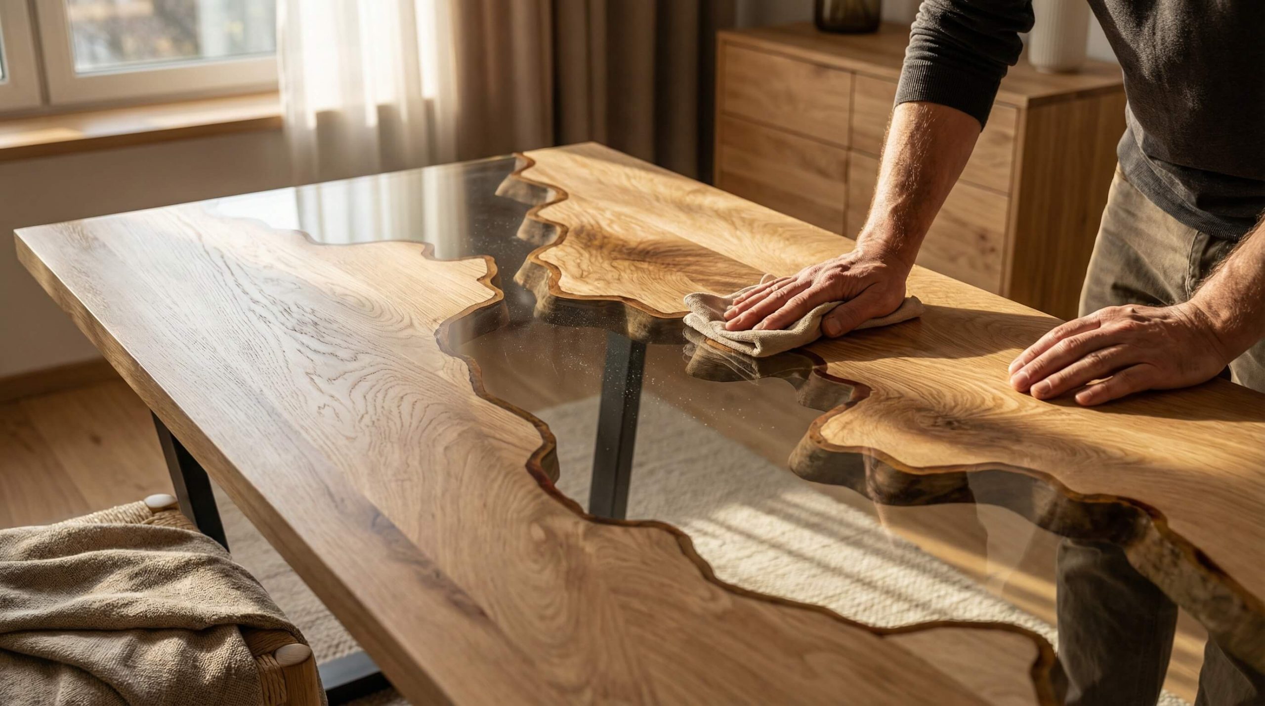 Detailreiche Pflegeszene in einem hochwertigen Eiche-Interieur mit warmem Licht und klarer Eiche Pflege Anleitung Möbel Darstellung.