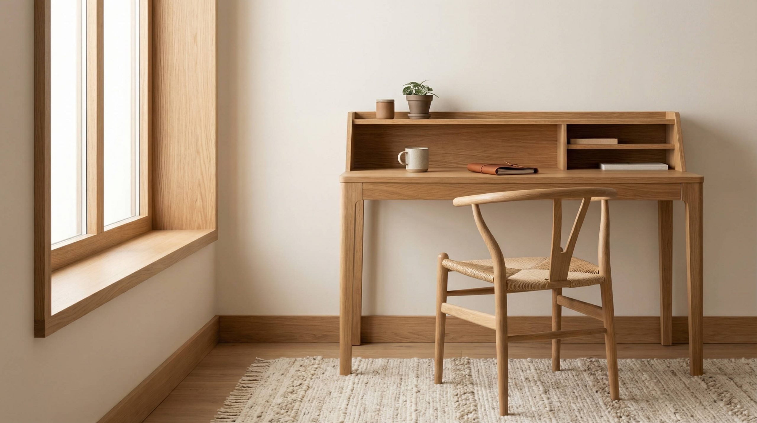 Gemütliche Arbeitsnische im Scandi Wohnstil Eiche kombinieren mit warmen Naturtönen und klarer Ästhetik.