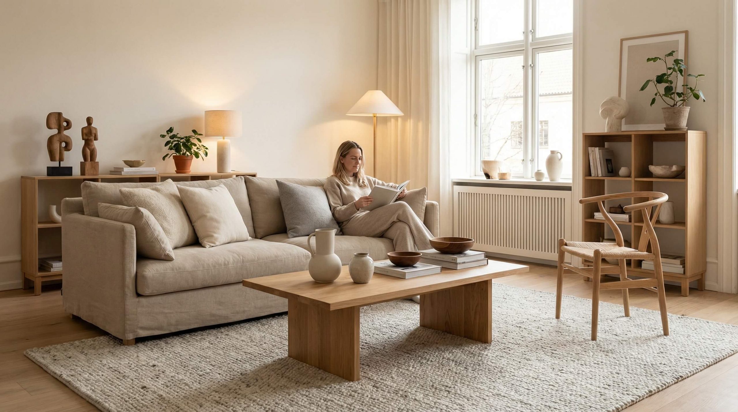 Helles Wohnzimmer im Scandi Wohnstil Eiche kombinieren mit warmem Tageslicht und natürlicher Holztextur.