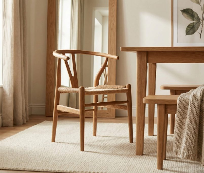 Hyperrealistisches Interior im Scandi Wohnstil Eiche kombinieren Look, mit warmem Eichenholz und minimalistischer Einrichtung.