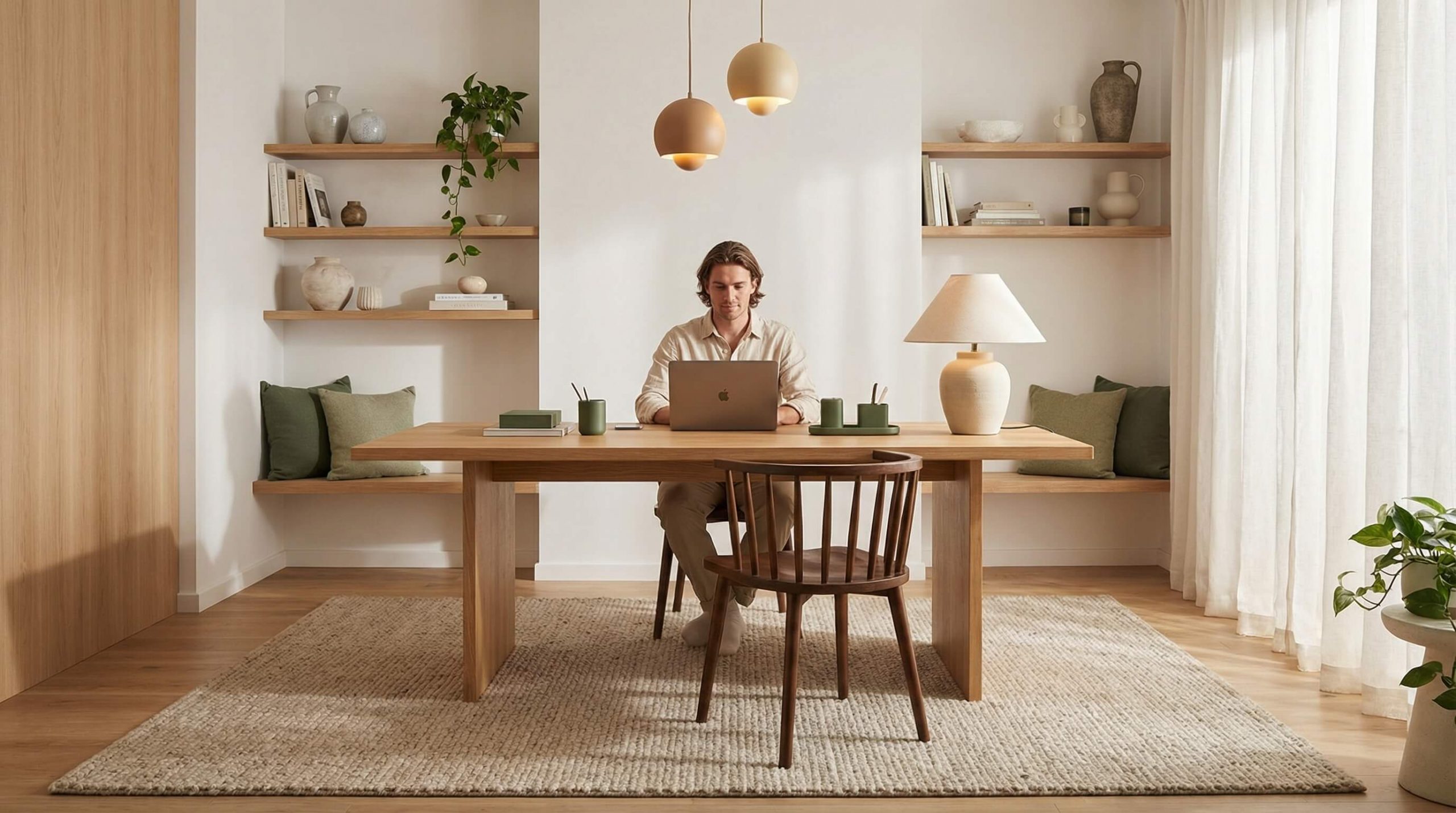 Lichtdurchfluteter Arbeitsbereich im skandinavischen Einrichtungsstil mit Eiche und natürlicher Materialharmonie.