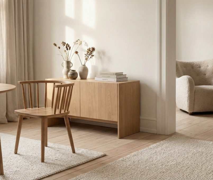 Hyperrealistischer Innenraum im Skandinavischer Einrichtungsstil mit Eiche, warmes Licht, minimalistisches Design mit klarer Holzmaserung.