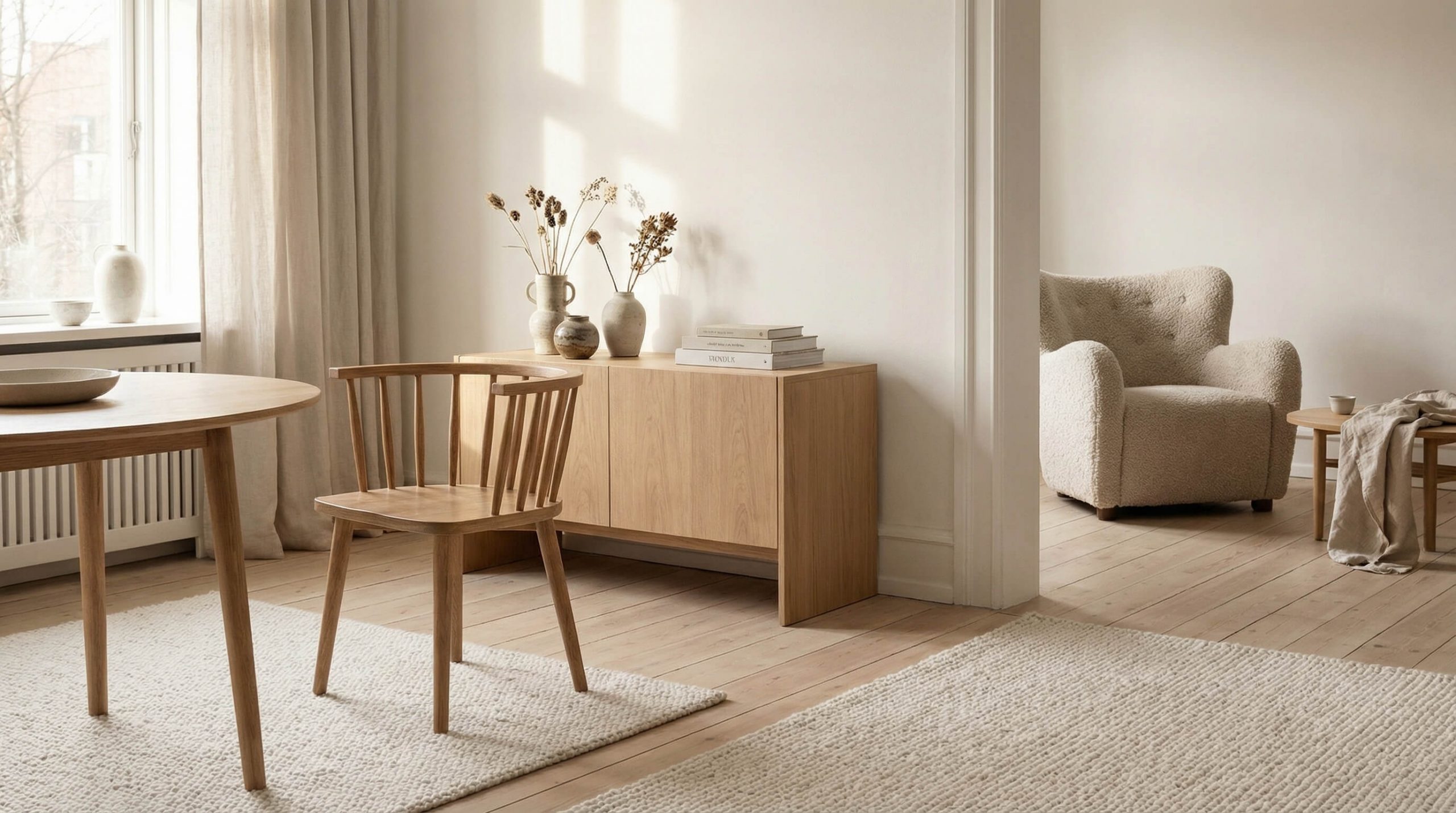 Hyperrealistischer Innenraum im Skandinavischer Einrichtungsstil mit Eiche, warmes Licht, minimalistisches Design mit klarer Holzmaserung.