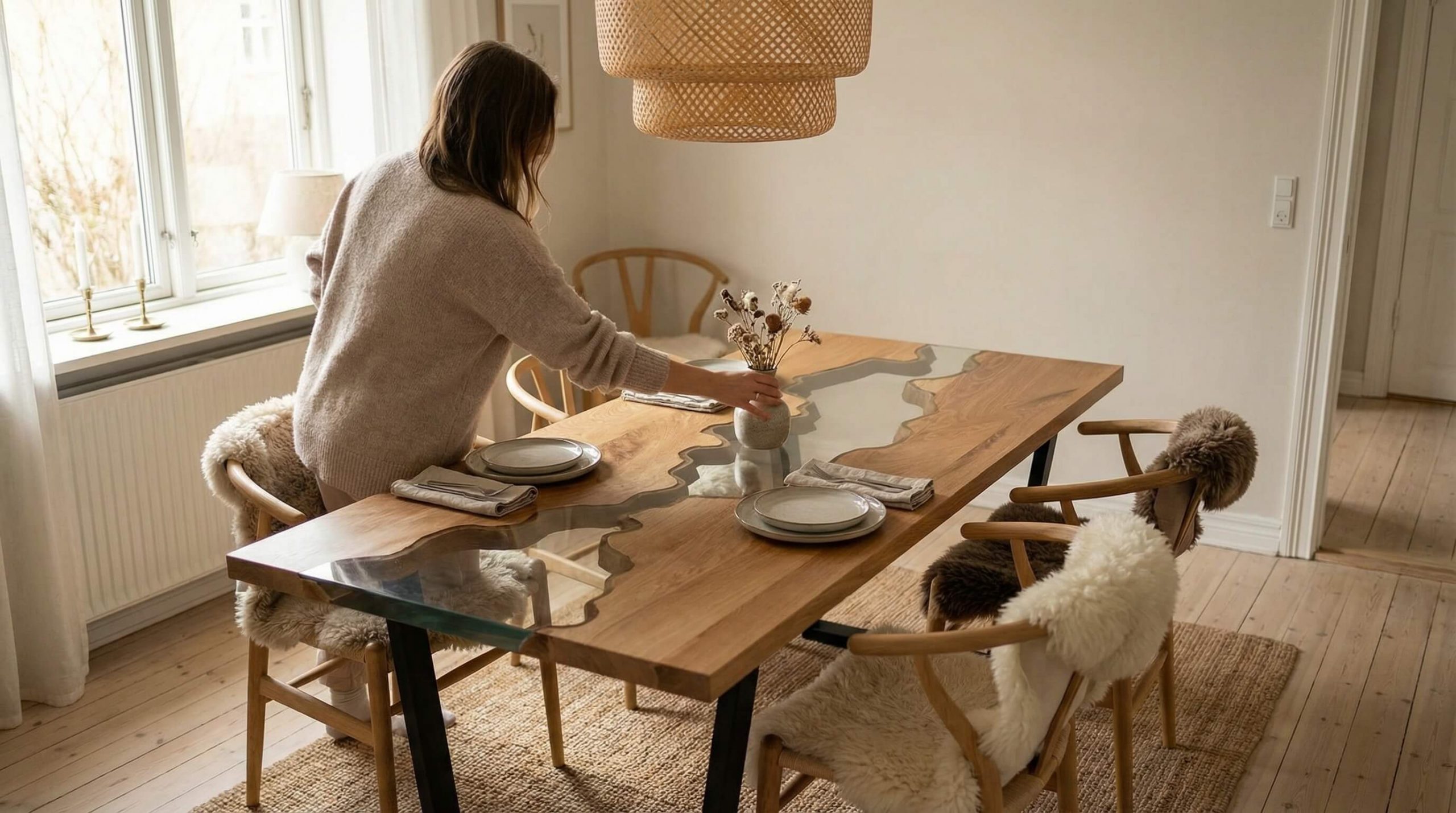 Skandinavisches Esszimmer mit Naturholz-Akzenten und Betonung auf Esstisch Größe optimale Maße.