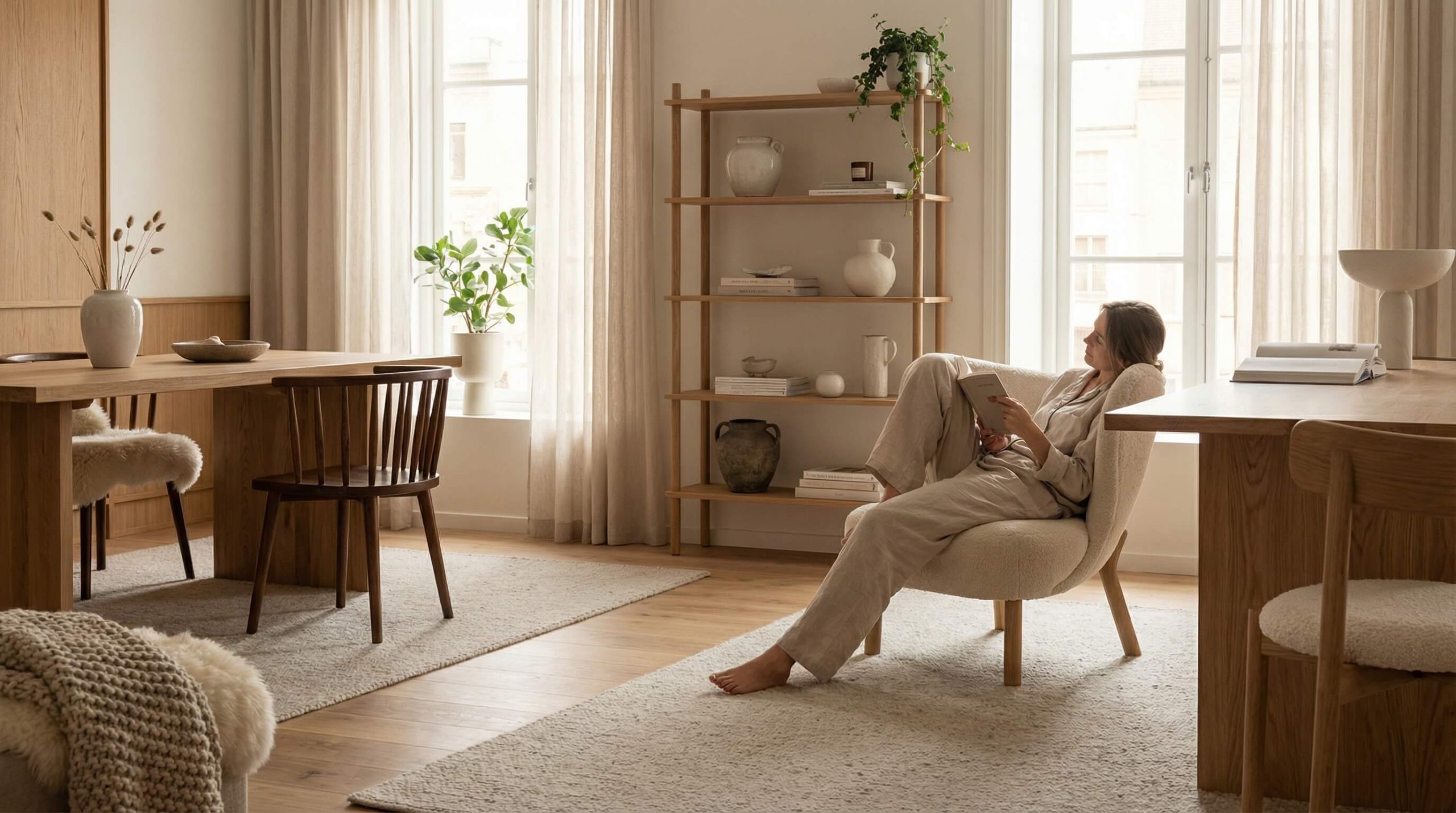 Helles Wohnzimmer im skandinavischen Einrichtungsstil mit Eiche, warmem Tageslicht und natürlicher Formsprache.