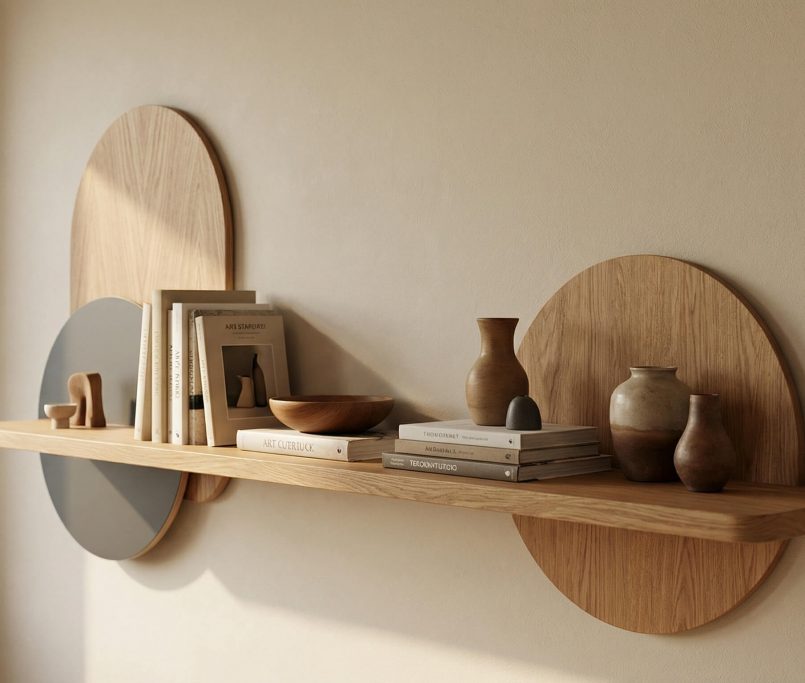 Hyperrealistisches Interior mit Stauraum Regalideen modernes Wohnen, warmem Holzdesign und klaren minimalistischen Details.