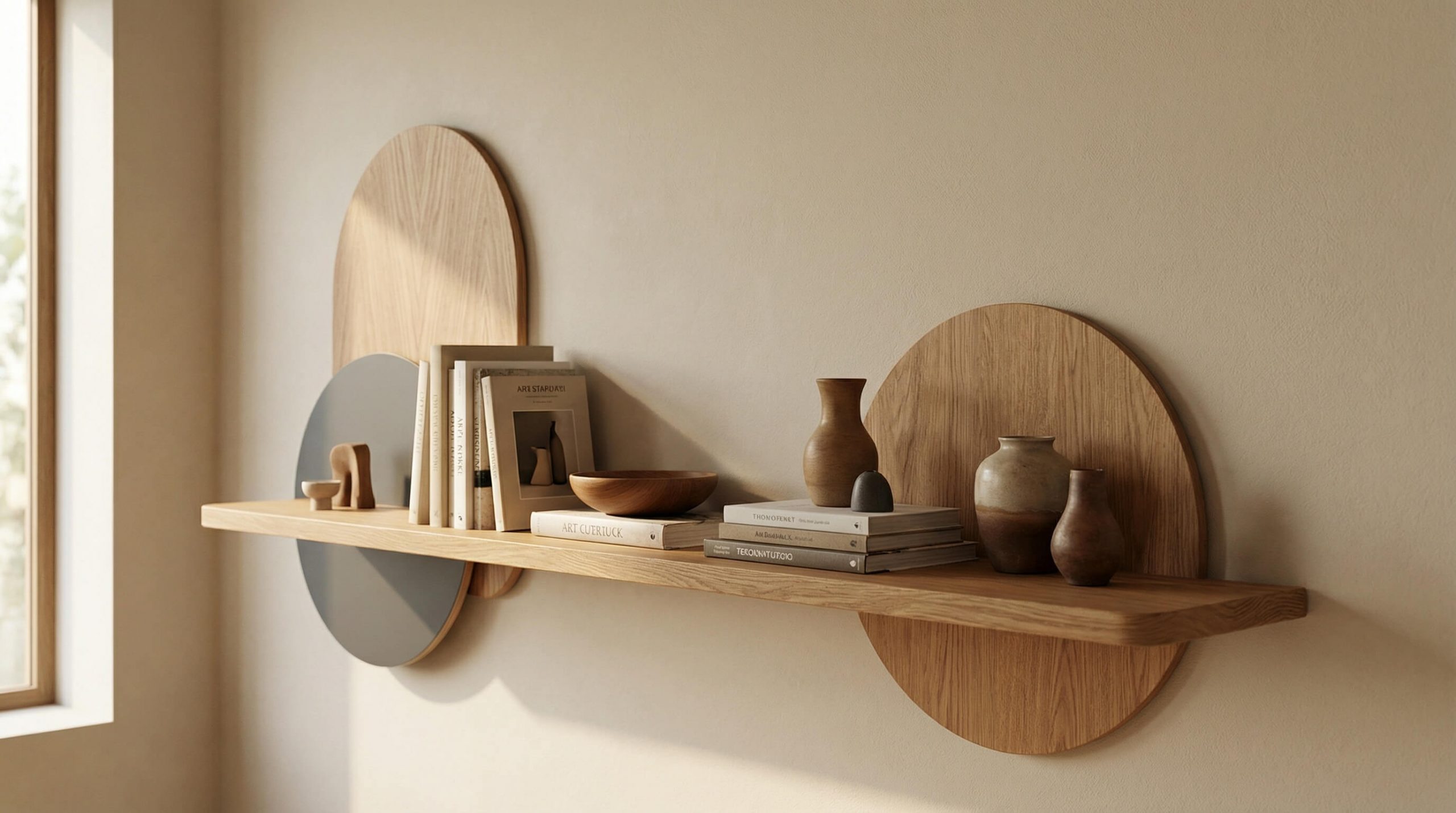 Hyperrealistisches Interior mit Stauraum Regalideen modernes Wohnen, warmem Holzdesign und klaren minimalistischen Details.