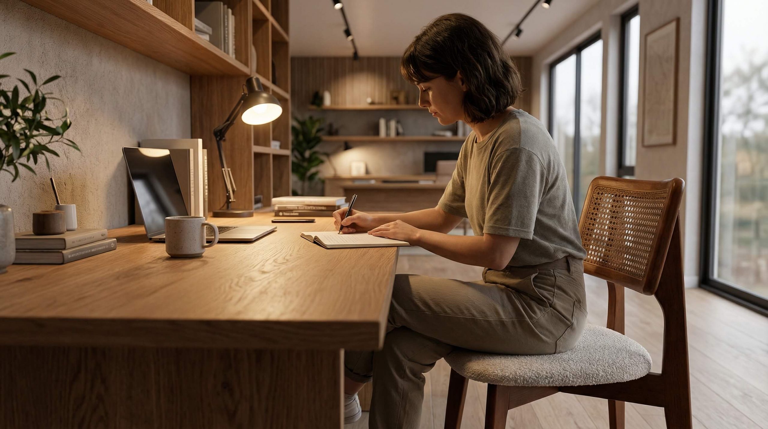 Stilvoller Studio-Arbeitsplatz mit klarer Ästhetik und Eichenholz Qualität Merkmale Premium Möbel in warmem Licht.