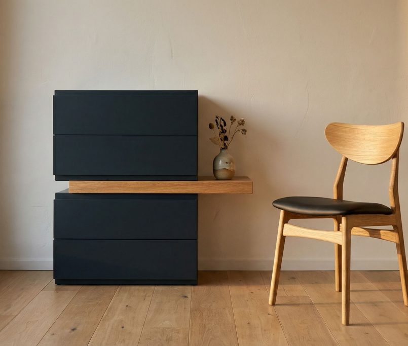 Hyperrealistic interior scene illustrating nachhaltige Möbelwahl bewusstes Zuhause with premium solid oak and warm minimalist design.