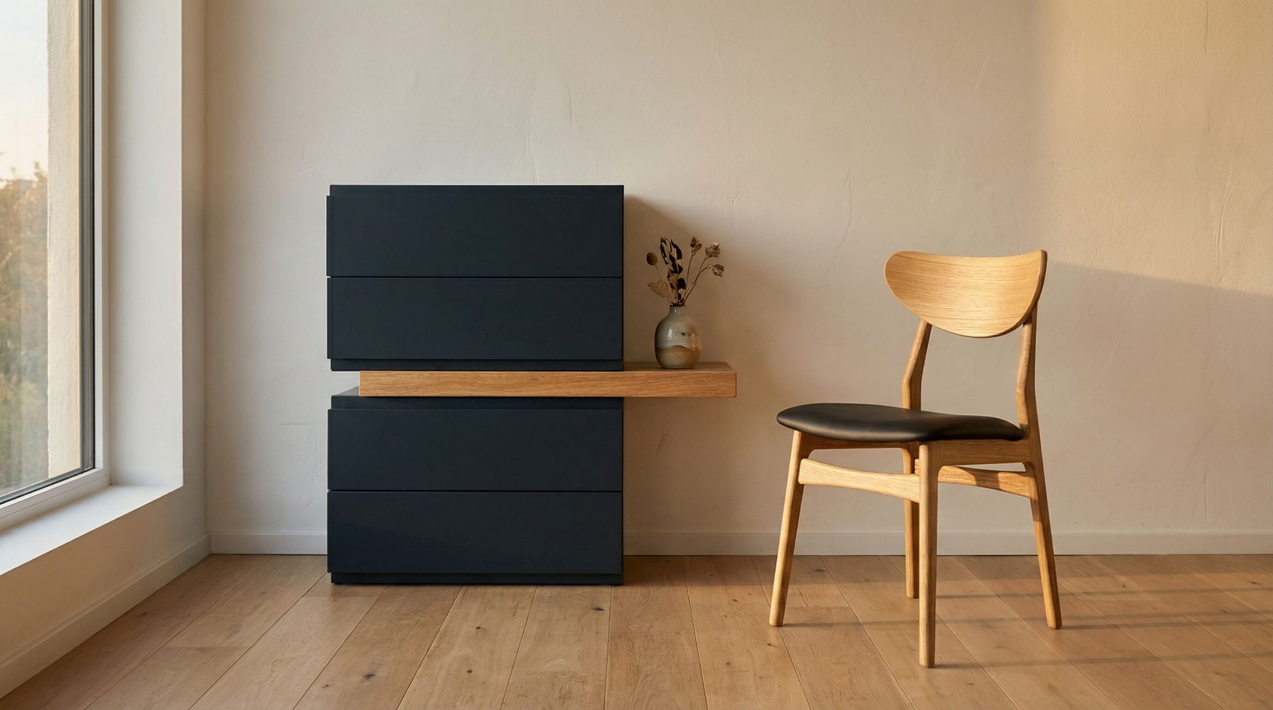 Hyperrealistic interior scene illustrating nachhaltige Möbelwahl bewusstes Zuhause with premium solid oak and warm minimalist design.