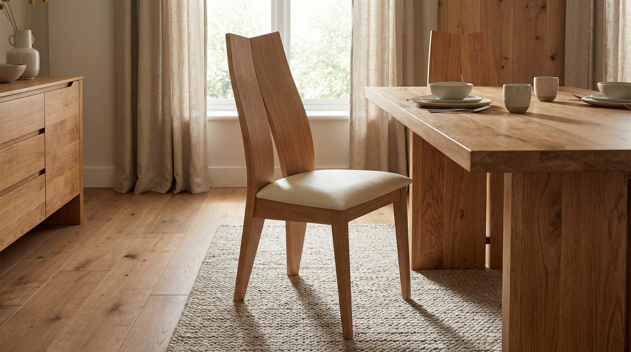 Helles Wohnzimmer mit ergonomischer Massivholz Esszimmerstuhl Komfort in warmem Eichenholz und natürlicher Lichtstimmung.