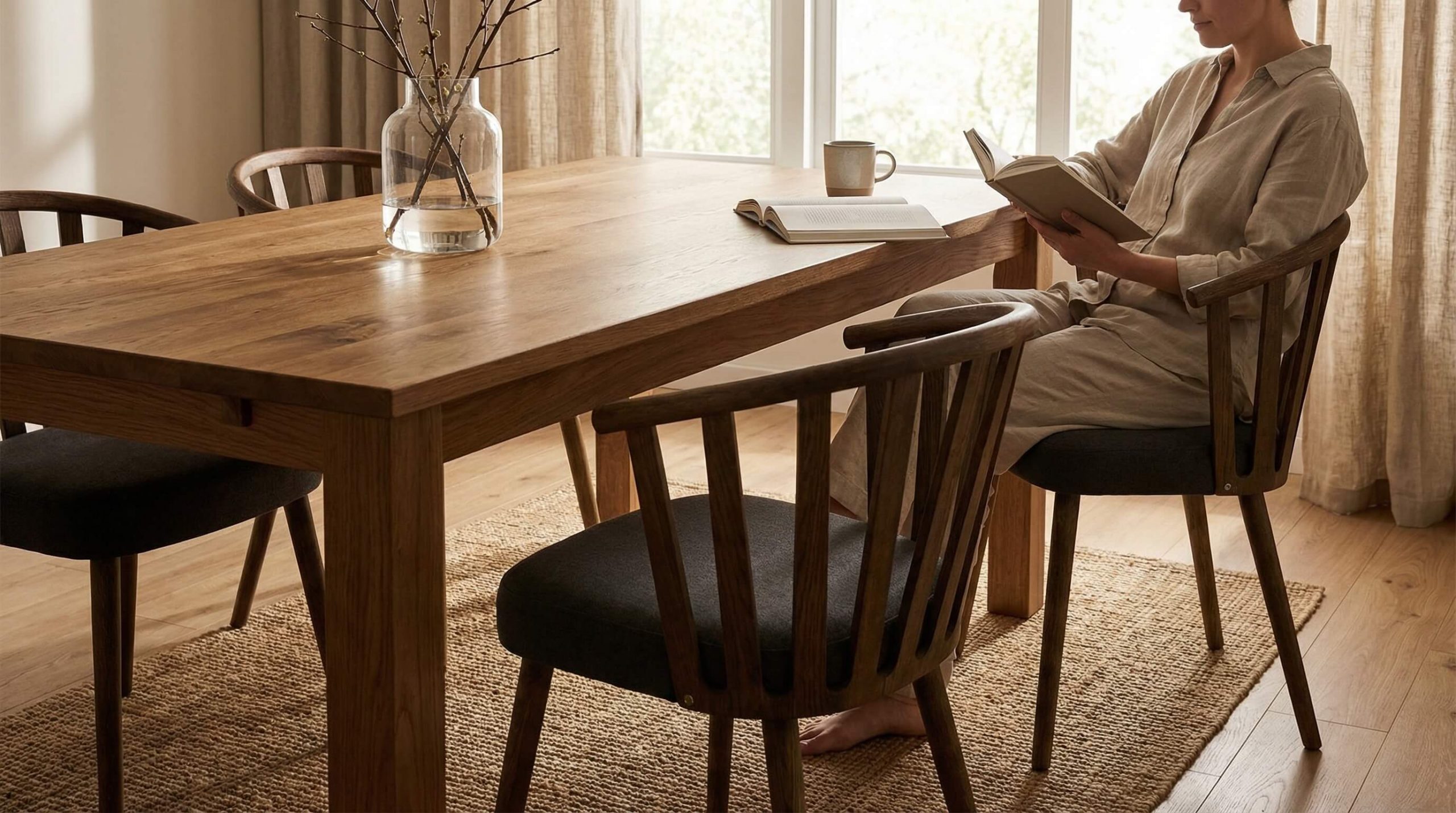 Heller Wohn- und Essbereich zeigt ergonomisches Sitzen im Alltag verstehen mit warmem Holz und natürlicher Atmosphäre.