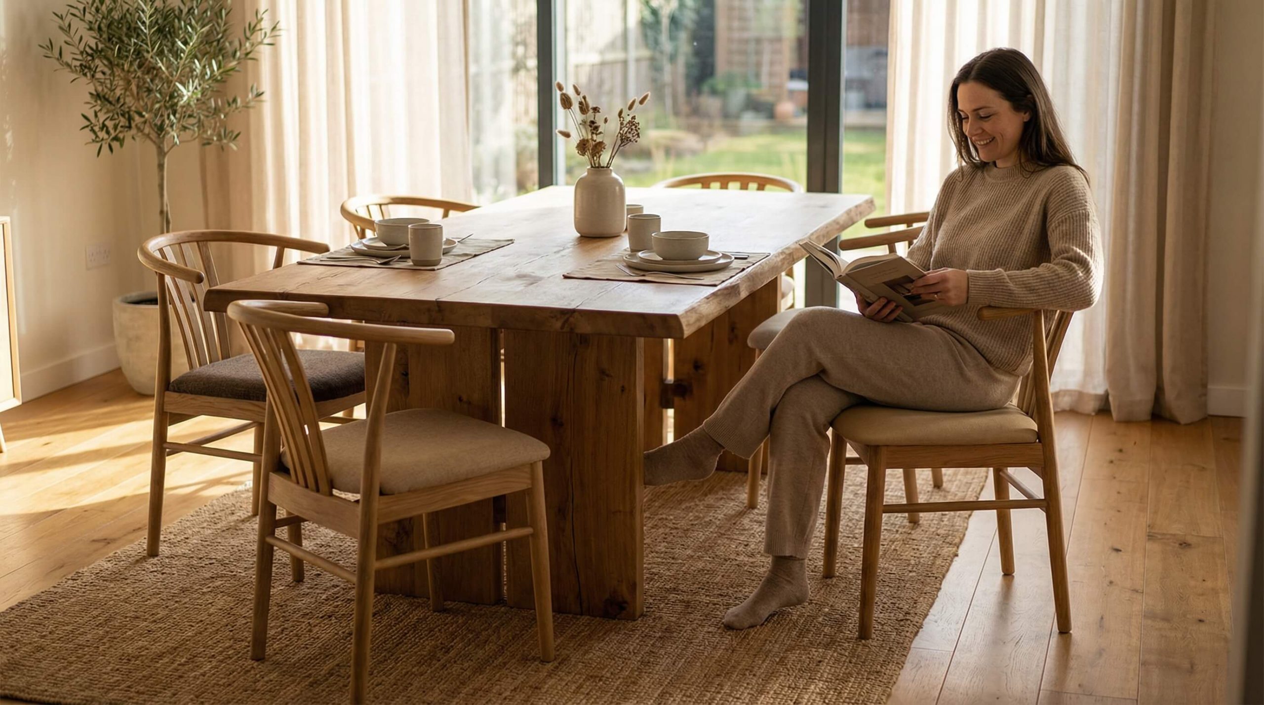 Heller Essbereich mit ergonomische Esszimmerstühle gesundes Sitzen aus massiver Eiche in warmem, natürlichem Interior.