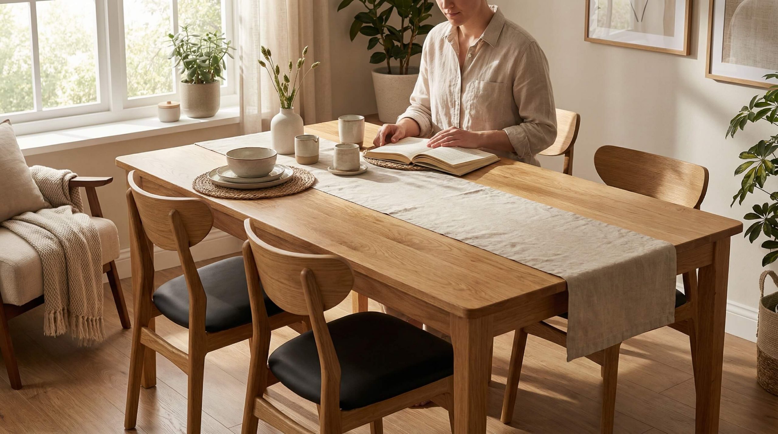 Helles Wohnambiente mit massivem Eichentisch, natürlicher Holzstruktur und stilvollen Details – Eiche Holzqualität richtig beurteilen.