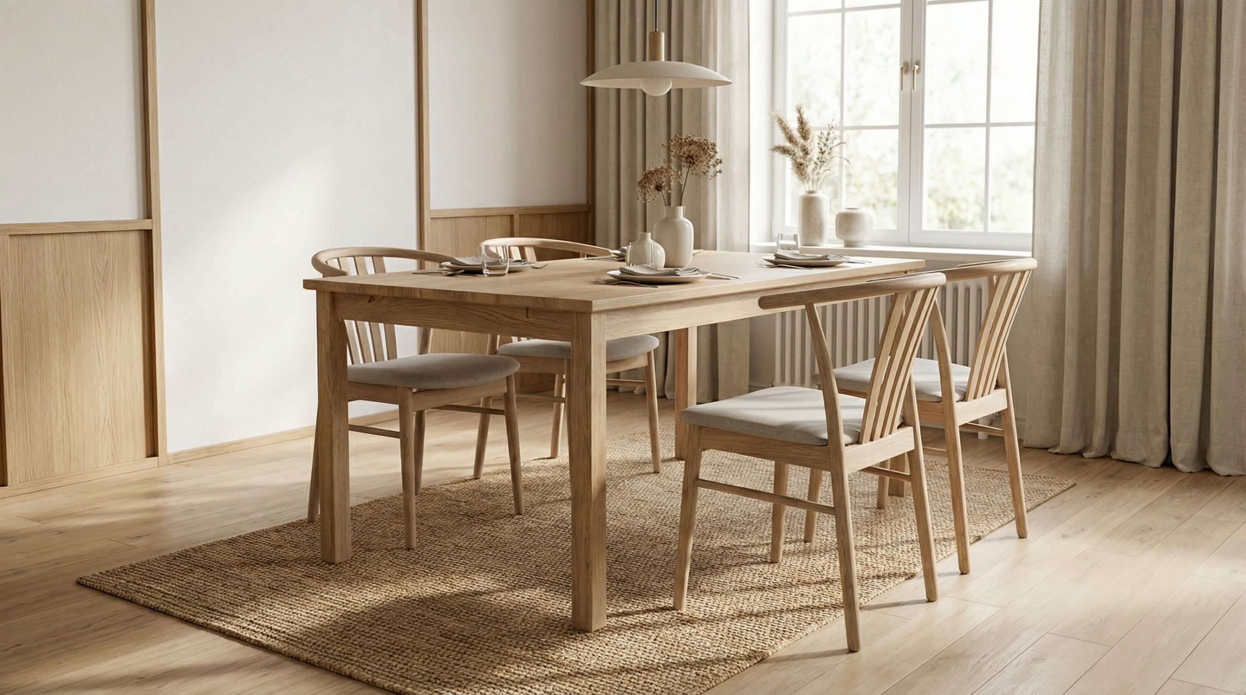 Helles Esszimmer mit Eichenstuhl, das zeigt, wie man Esszimmerstuhl Materialien richtig auswählen kann.