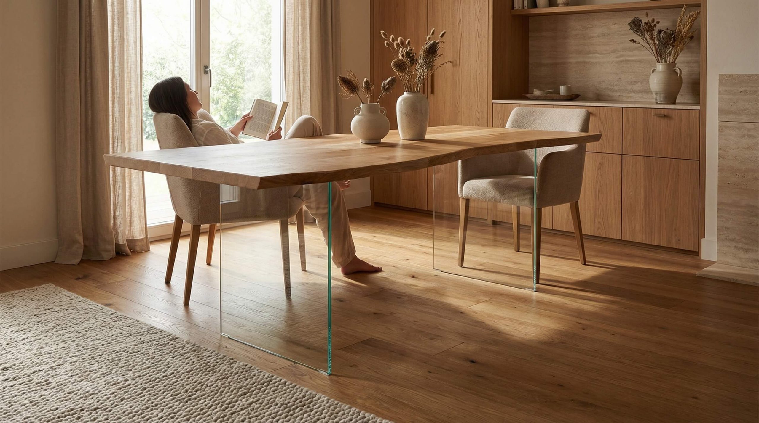 Helles modernes Esszimmer mit großzügigem Eichetisch, natürlichem Licht und harmonischen Proportionen, ideal um Esszimmer Tischgröße planen zu können.