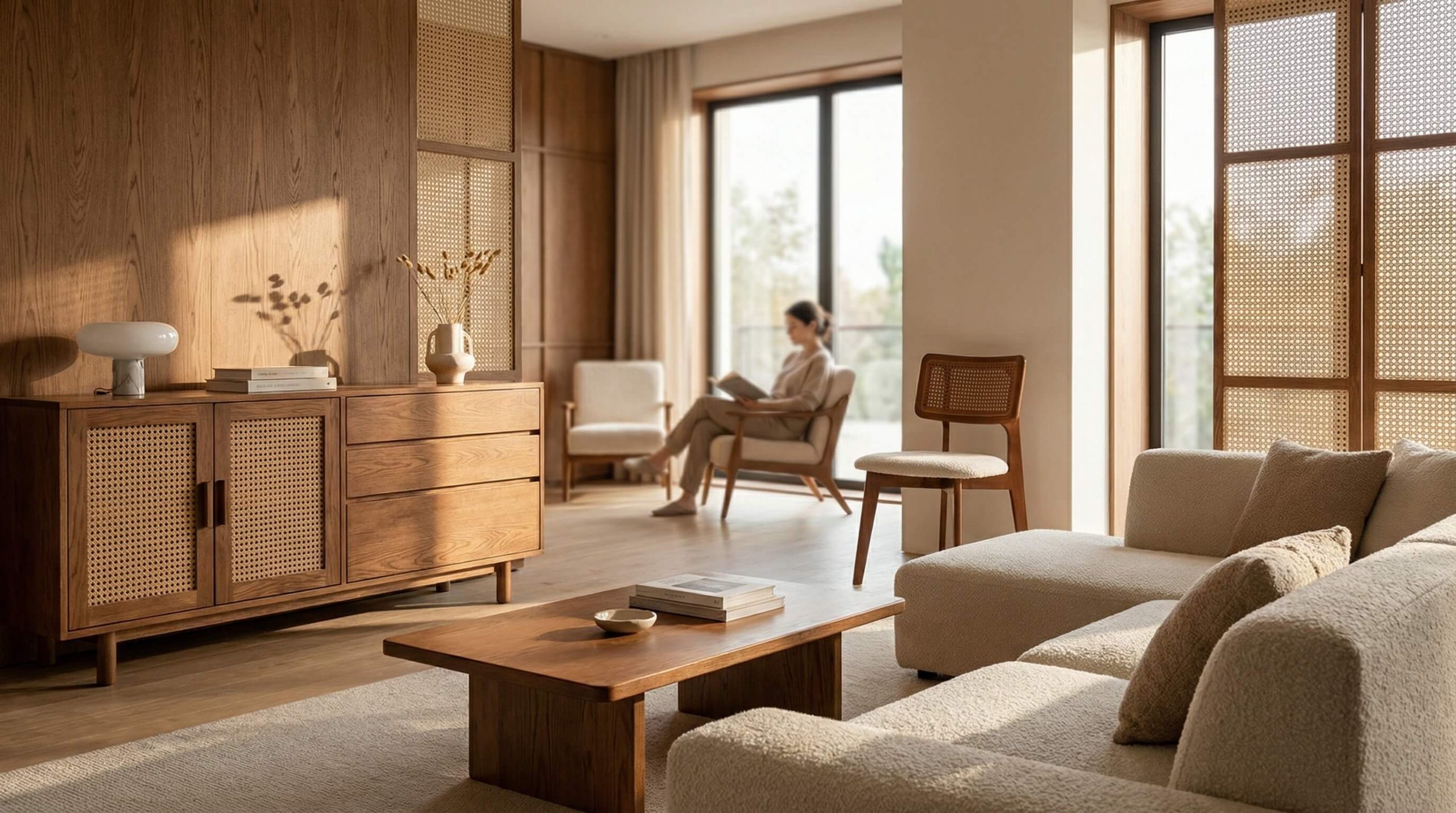 Helles Wohnzimmer mit Eichenholz Qualität Merkmale Premium Möbel, warmem Tageslicht und modernen Details für ein natürliches Ambiente.