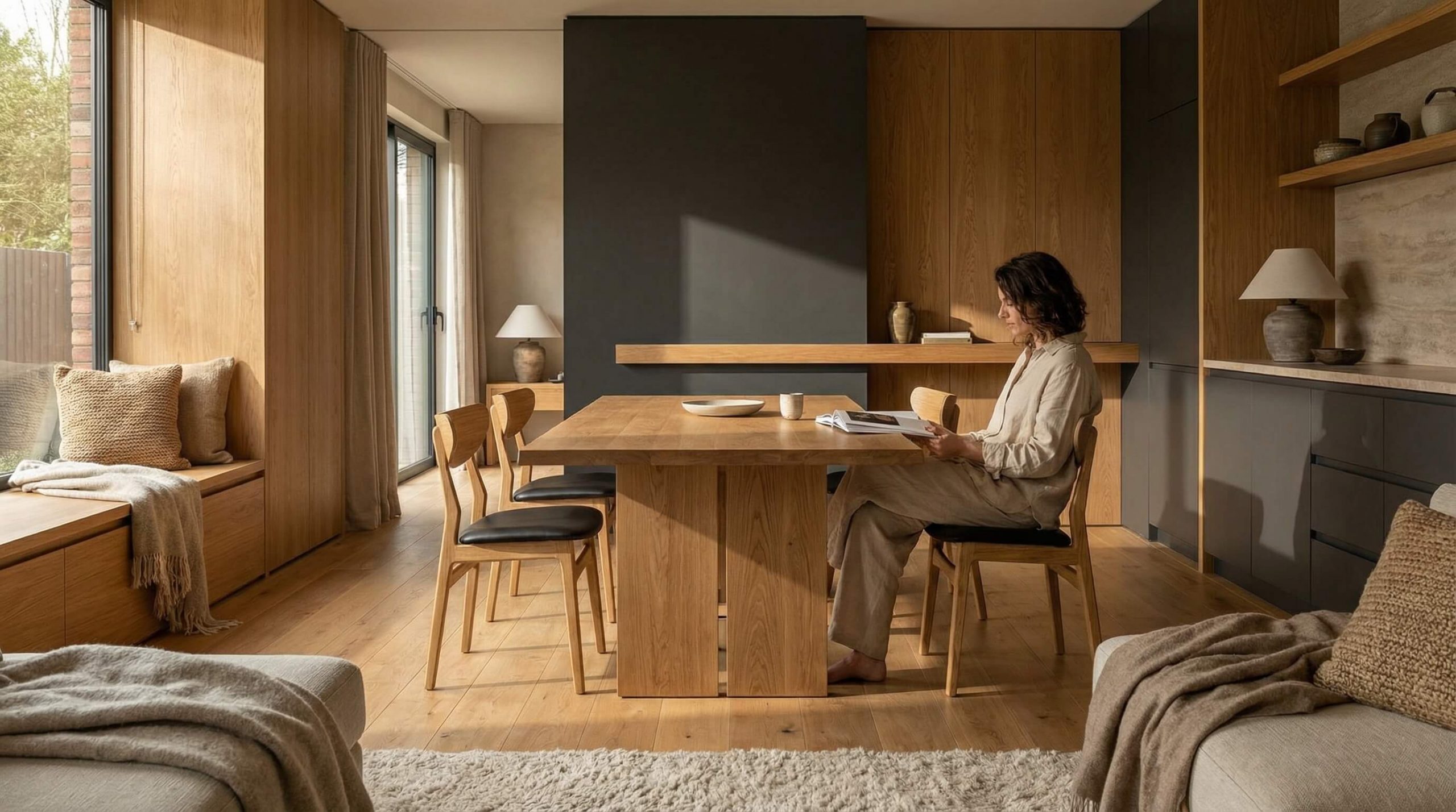 Hyperrealistisches Wohnzimmer mit nachhaltigen Möbeln; warme Eiche, harmonisches Licht und bewusste Einrichtung für ein nachhaltige Möbelwahl bewusstes Zuhause.