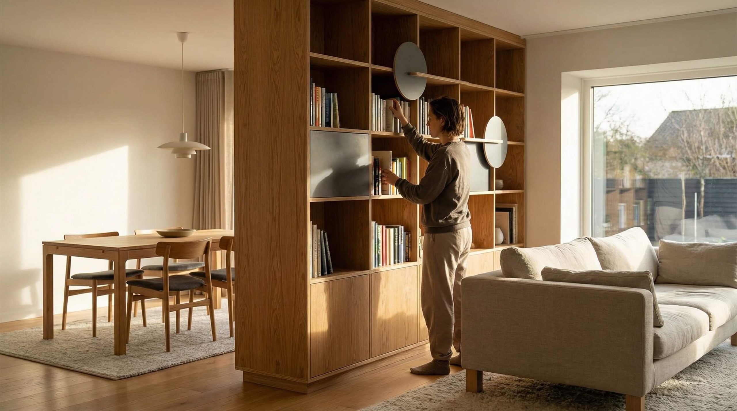 Stauraum Regalideen modernes Wohnen mit einem hohen Eichenregal als stilvollen Raumtrenner zwischen Wohn- und Essbereich.