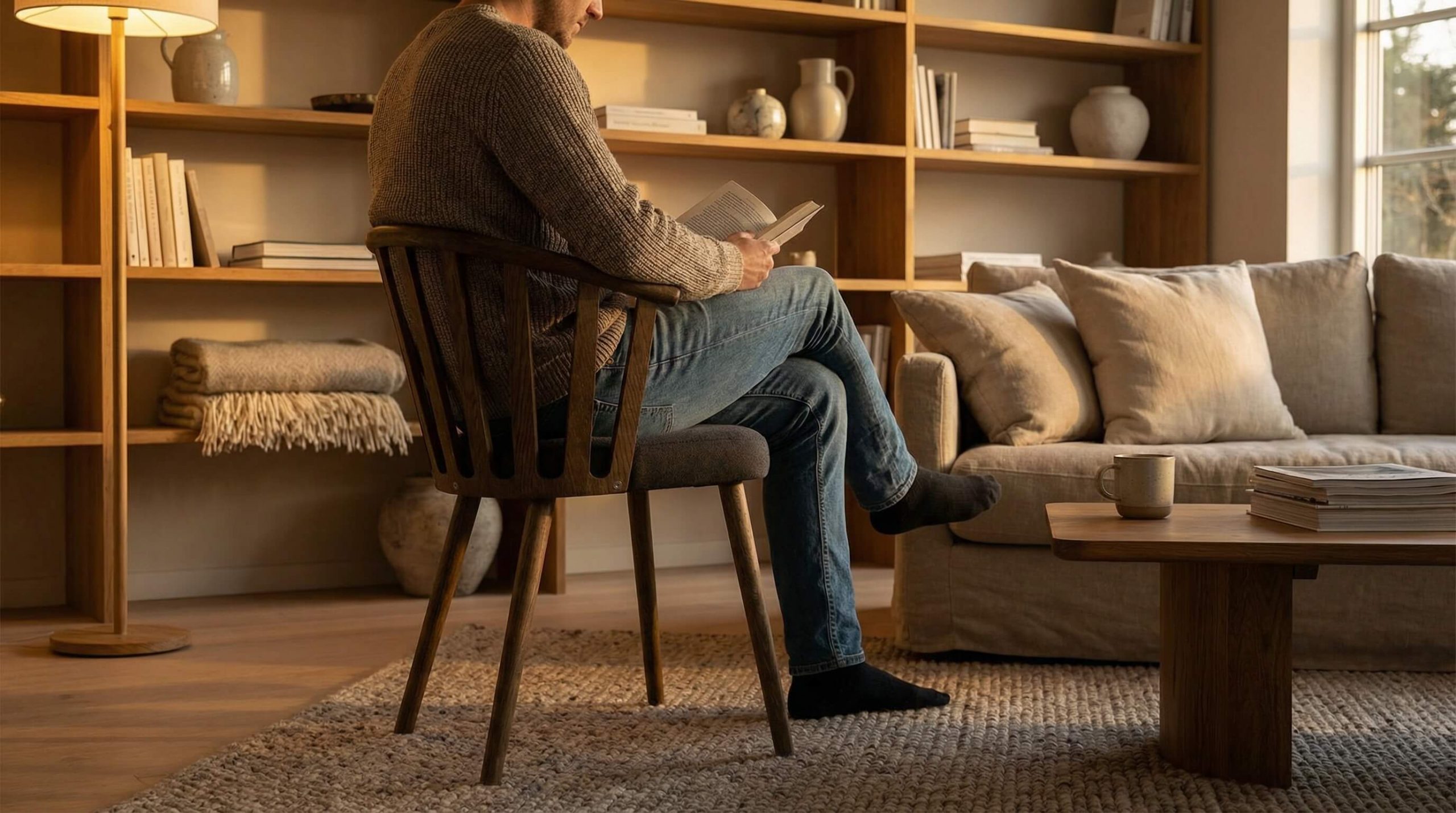 Modernes Wohnzimmer vermittelt ergonomisches Sitzen im Alltag verstehen mit Eichenakzenten und natürlichem Licht.