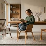 Hyperrealistische Interior-Szene, die das Thema Eichenstuhl Formen richtig auswählen in einem warmen minimalistischen Raum zeigt.