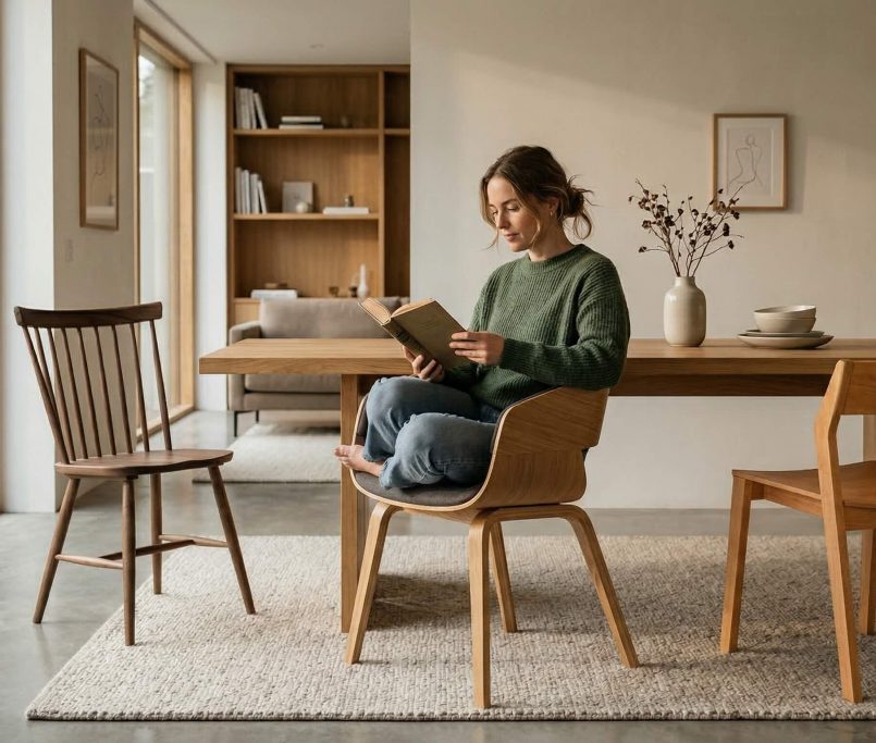 Hyperrealistische Interior-Szene, die das Thema Eichenstuhl Formen richtig auswählen in einem warmen minimalistischen Raum zeigt.