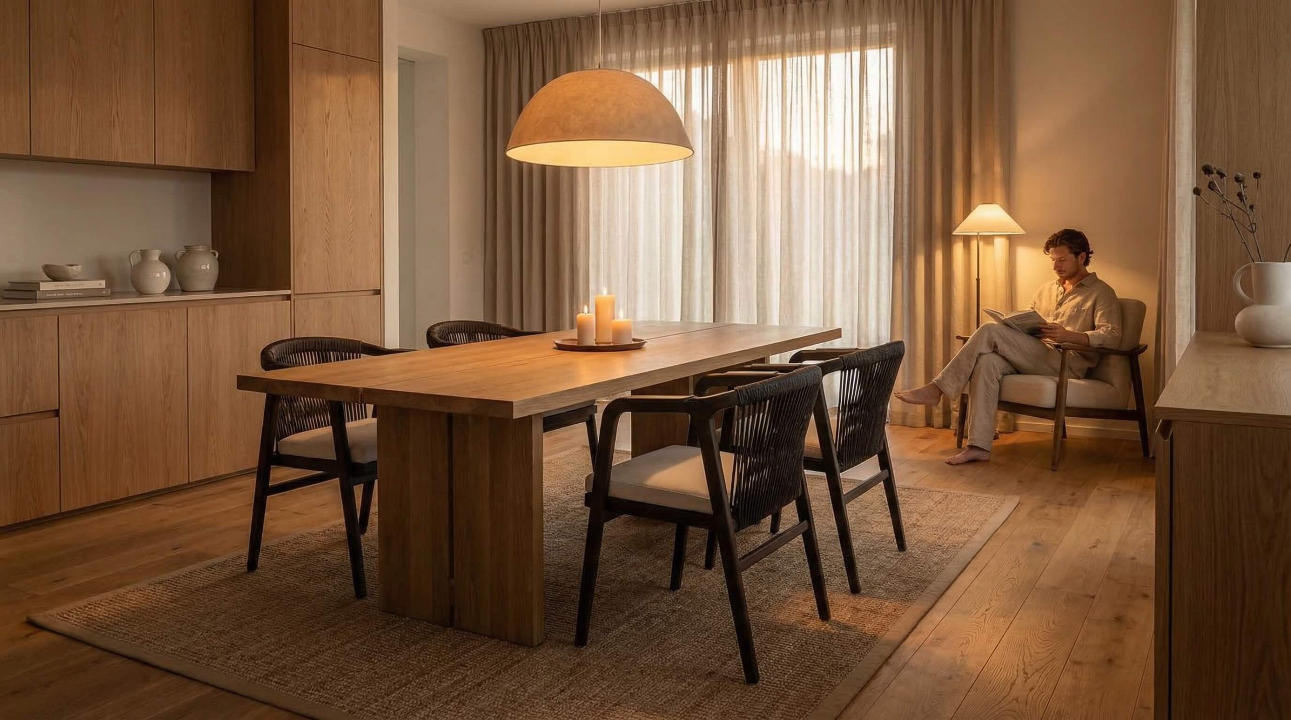 Hochwertiges Esszimmer mit warmem Holz und klarer Raumstruktur, das zeigt, wie Sie Esszimmer Möbel stilvoll zonieren können.