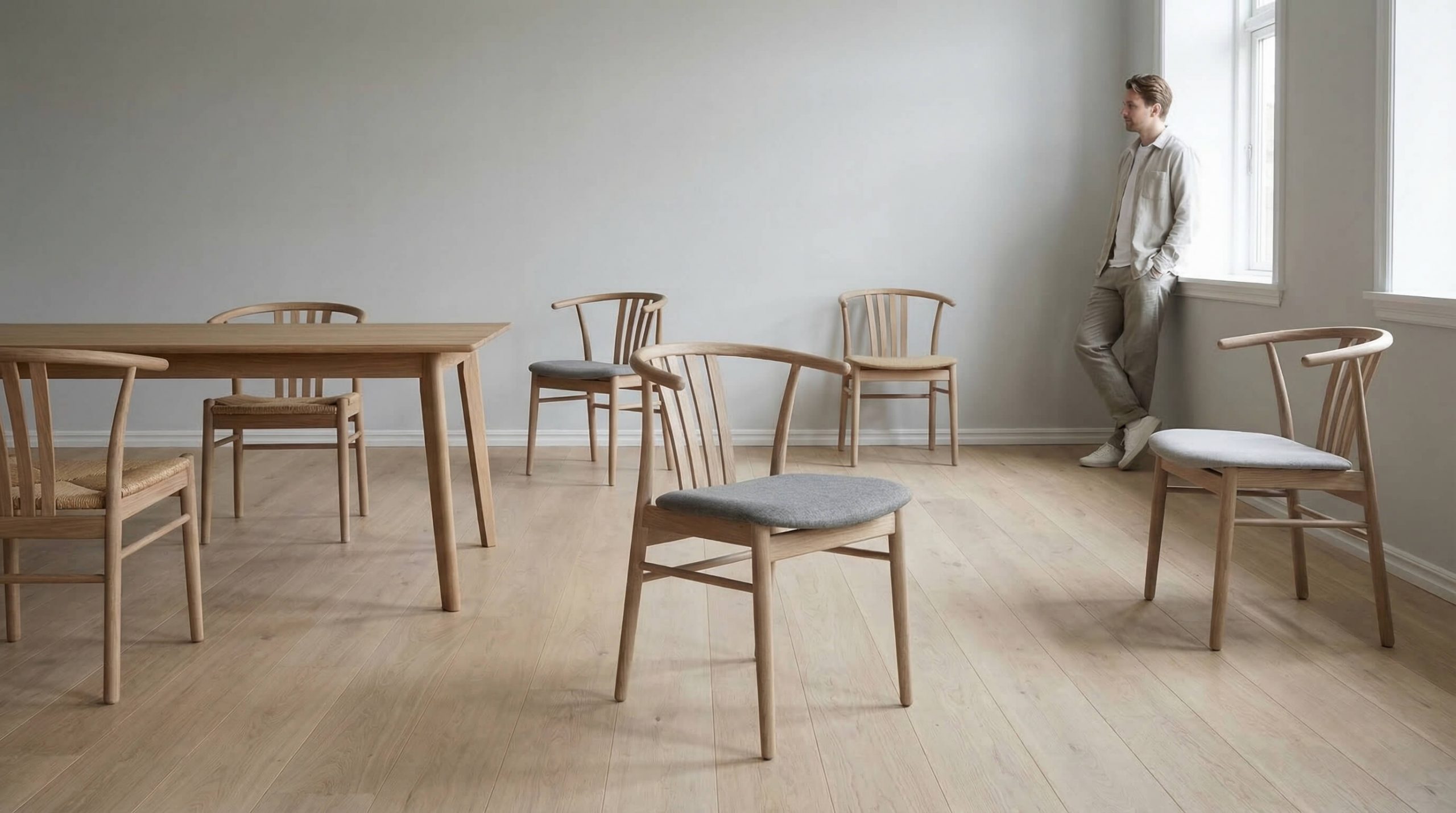 Elegantes Studio-Interior, das verschiedene Eichenstuhl Formen richtig auswählen in einem klaren, modernen Raum zeigt.