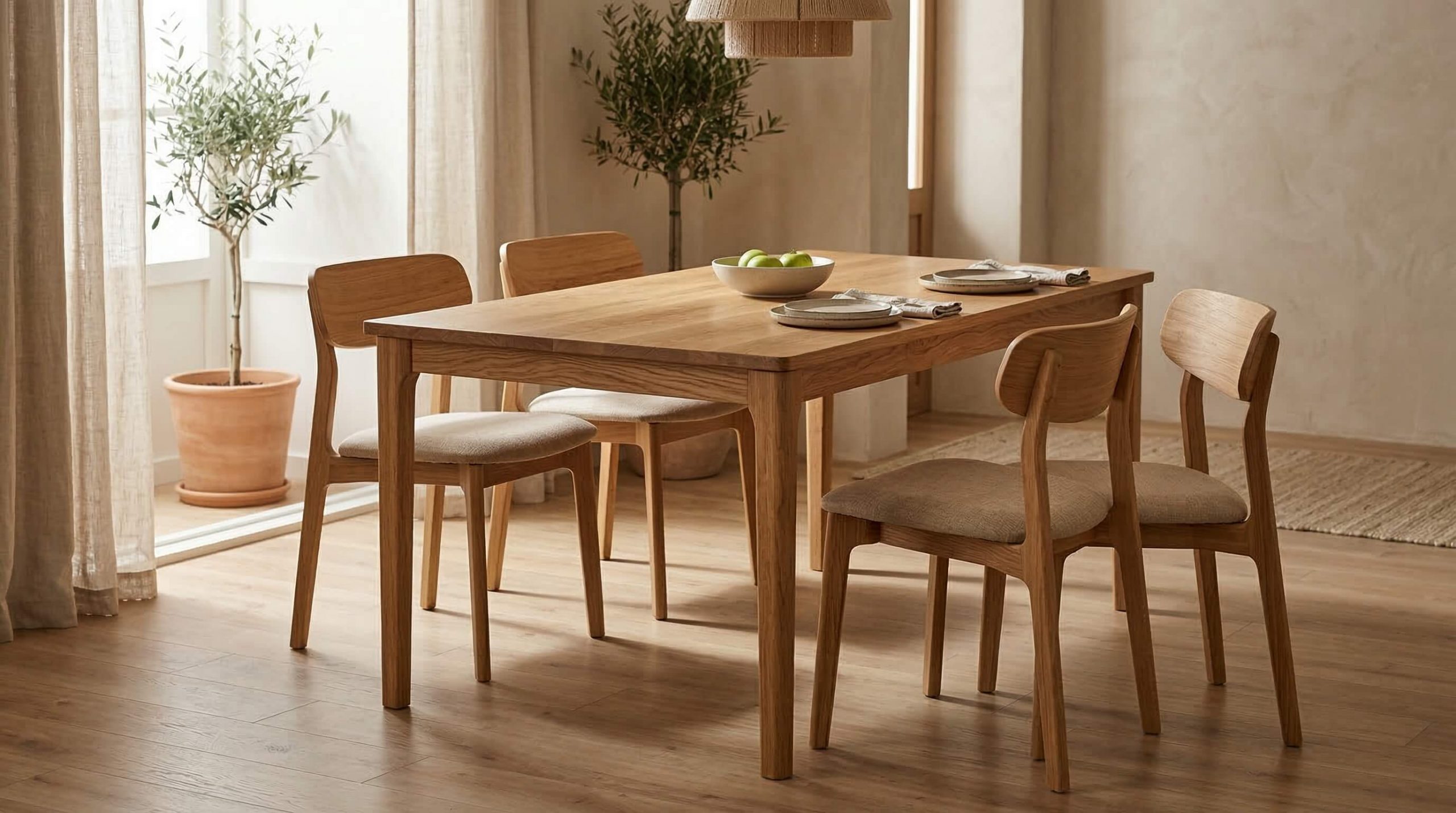 Hyperrealistische Szene für Ergonomischer Essbereich Planung Zuhause mit warmem minimalistischen Raum und hochwertigem Eichenmöbel.