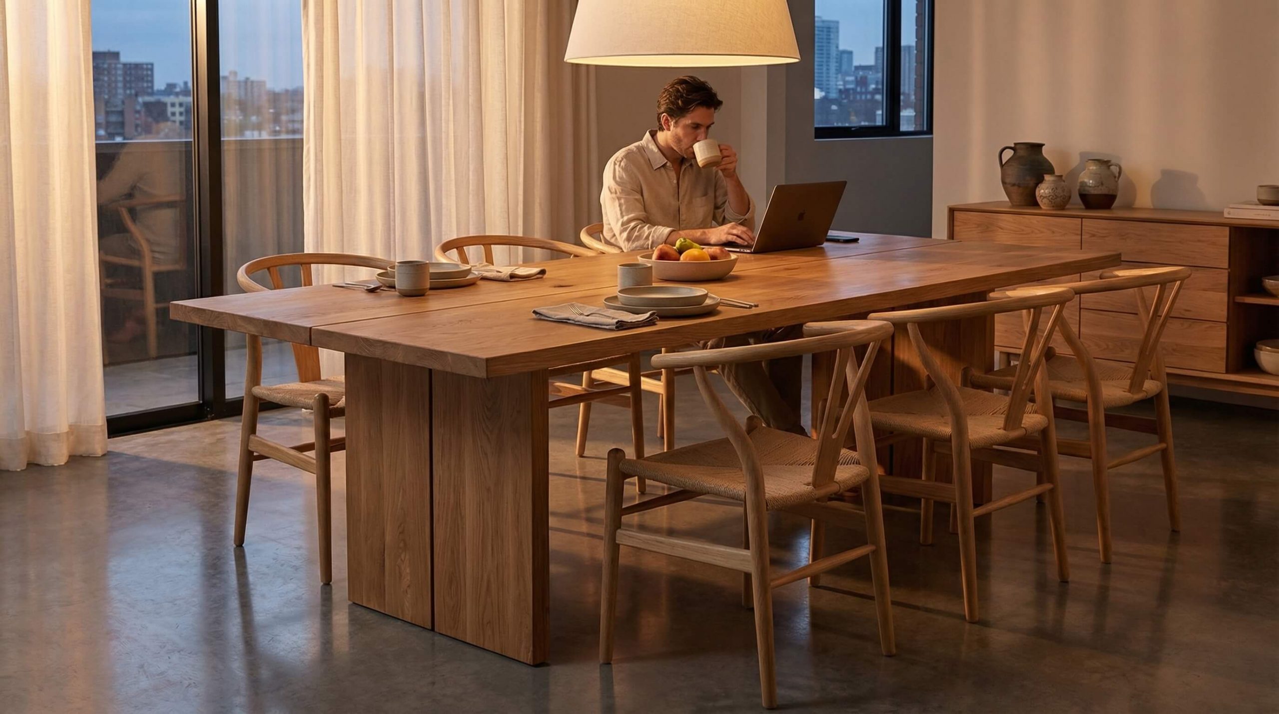 Moderner Essbereich mit Fokus auf Holzarten Unterschiede hochwertige Möbel erkennen und warmem Licht.
