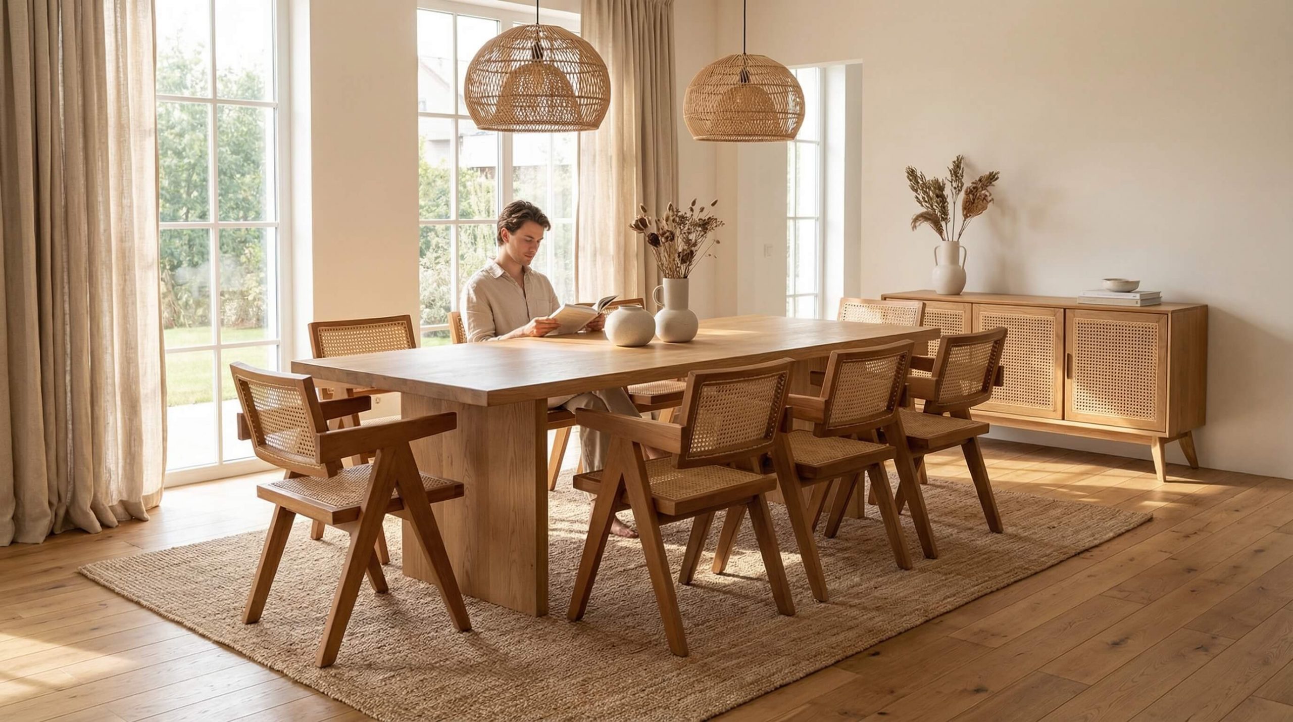 Wohnräume mit Rattanstrukturen auflockern in einem modernen Essbereich mit warmem Holz und natürlichen Fasern.