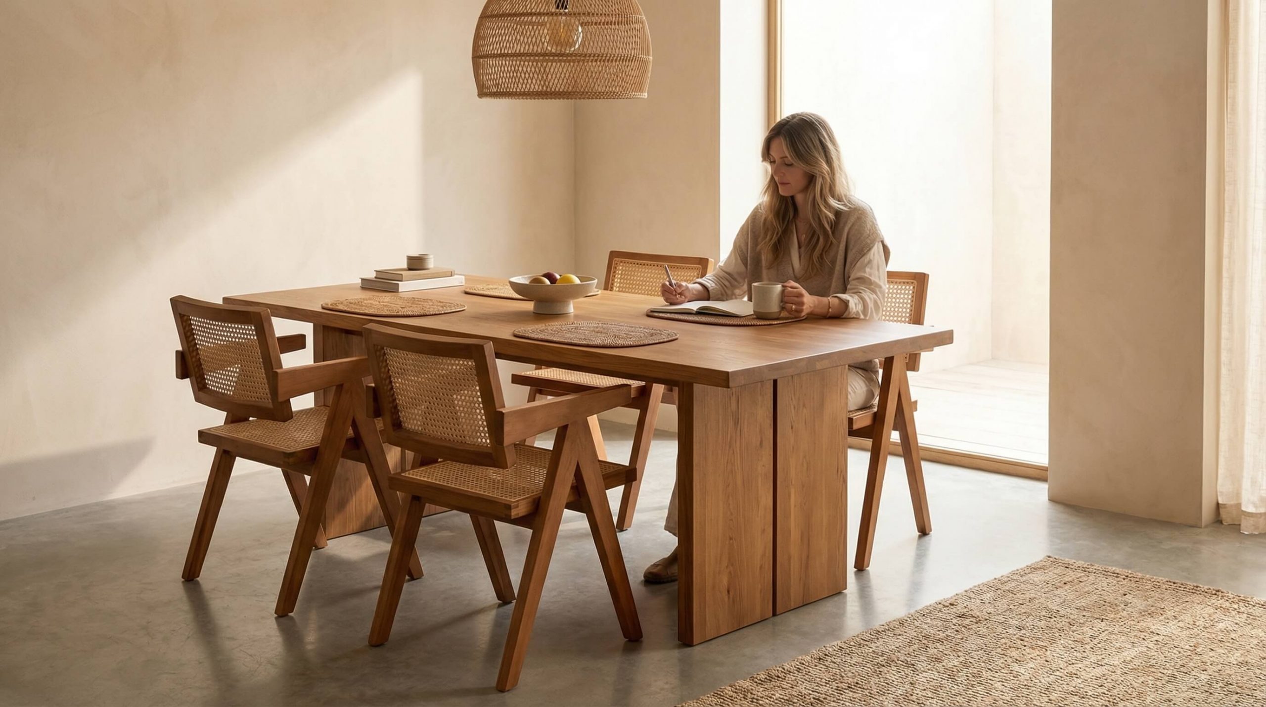 Moderner Essbereich, der zeigt, wie Sie Rattan und Eiche im Interior kombinieren, mit warmem Licht und klaren Linien.