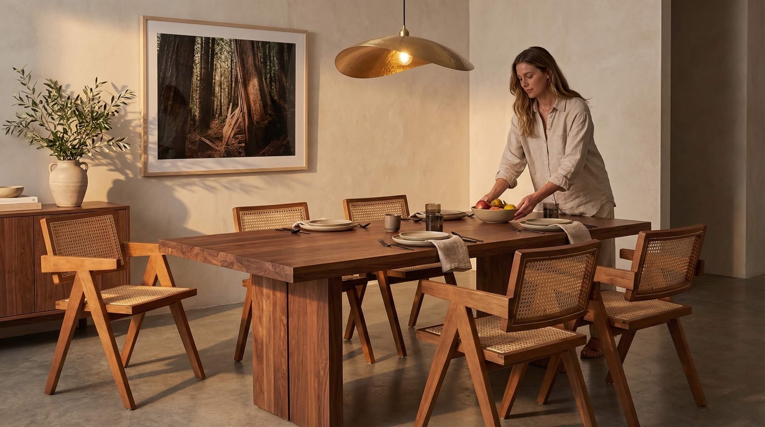 Interior Moodboards Holzoptik entwickeln für einen modernen Essbereich mit warmen Eichenakzenten und sanfter Beleuchtung.