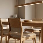 Hyperrealistische Szene zur Esszimmer Beleuchtung Holzstühle inszenieren, warmes Licht auf hochwertigem Eichenmobiliar.