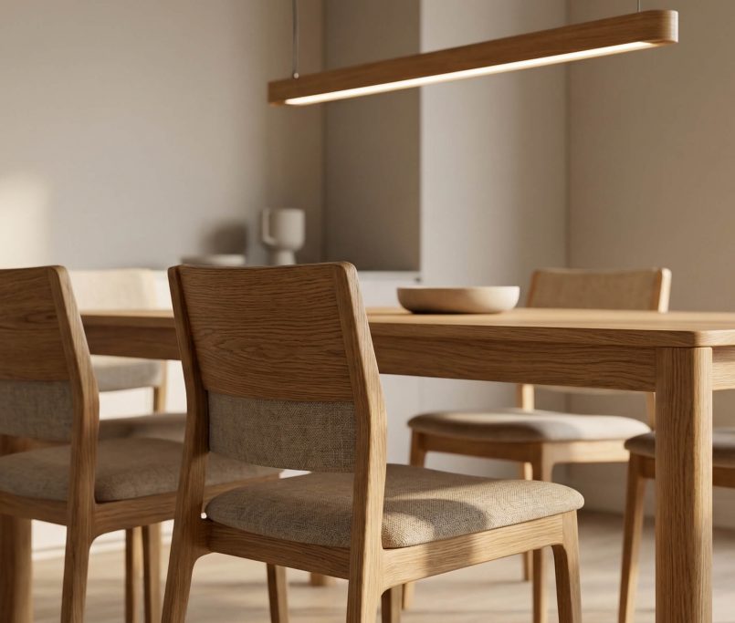 Hyperrealistische Szene zur Esszimmer Beleuchtung Holzstühle inszenieren, warmes Licht auf hochwertigem Eichenmobiliar.