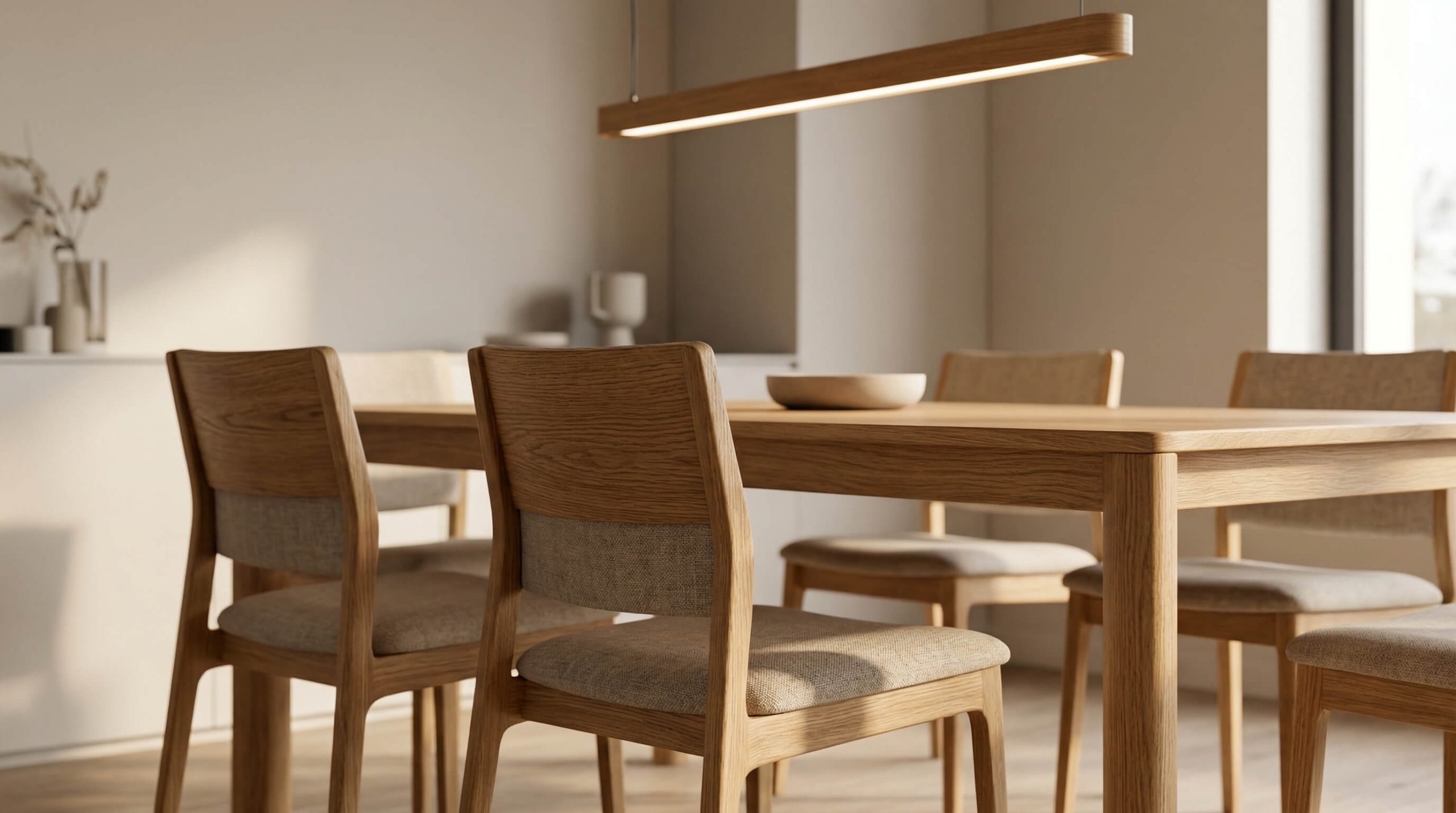 Hyperrealistische Szene zur Esszimmer Beleuchtung Holzstühle inszenieren, warmes Licht auf hochwertigem Eichenmobiliar.