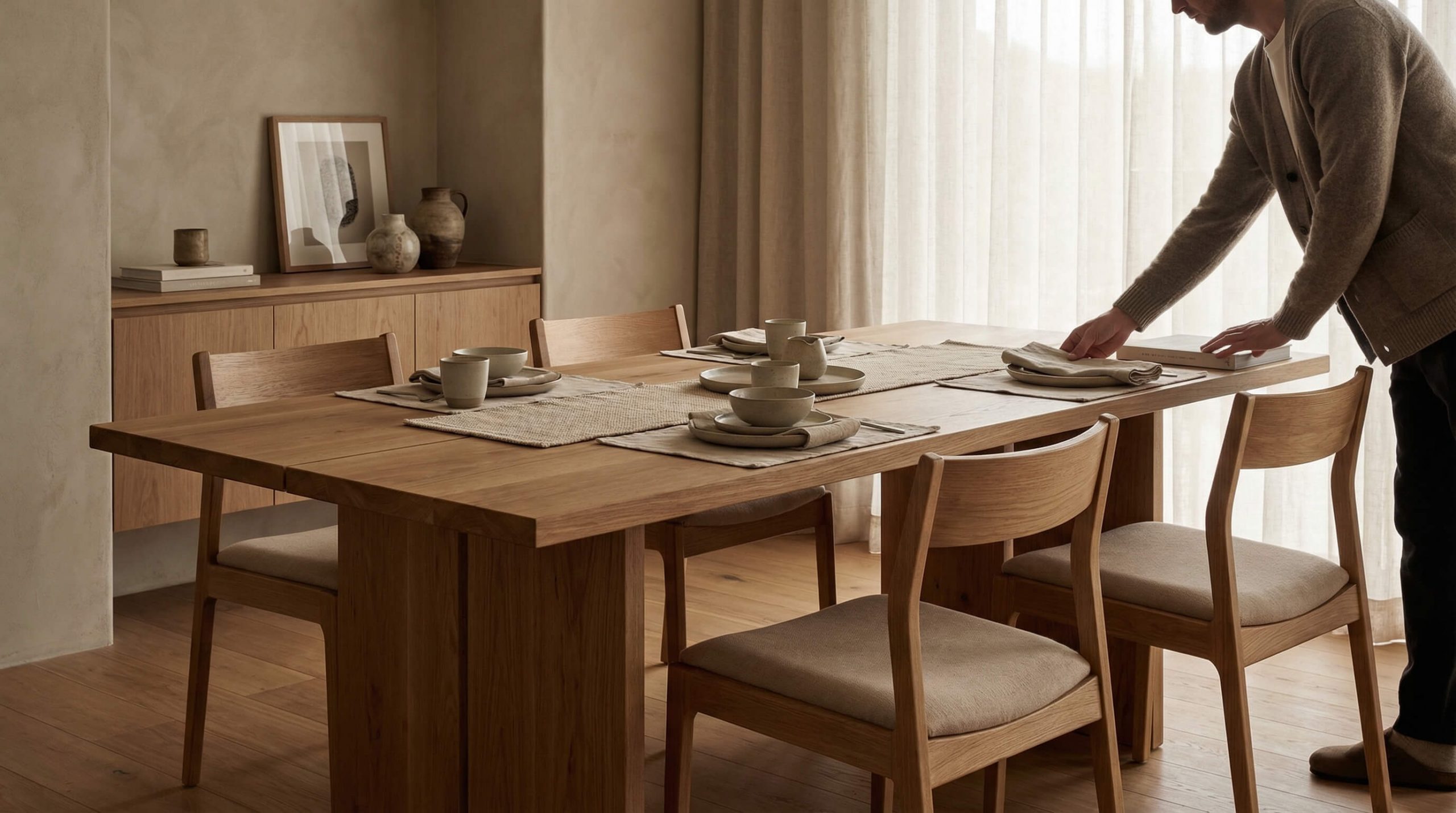 Hyperrealistisches Interior-Motiv, das zeigt, wie man Esszimmer Holzmaterialien gezielt kombinieren kann, mit warmem minimalistischen Eichenmöbeln.