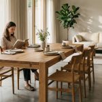 Hyperrealistisches Interieur, das zeigt, wie man Esszimmer Möbel stilvoll zonieren kann und offene Wohnbereiche harmonisch strukturiert.