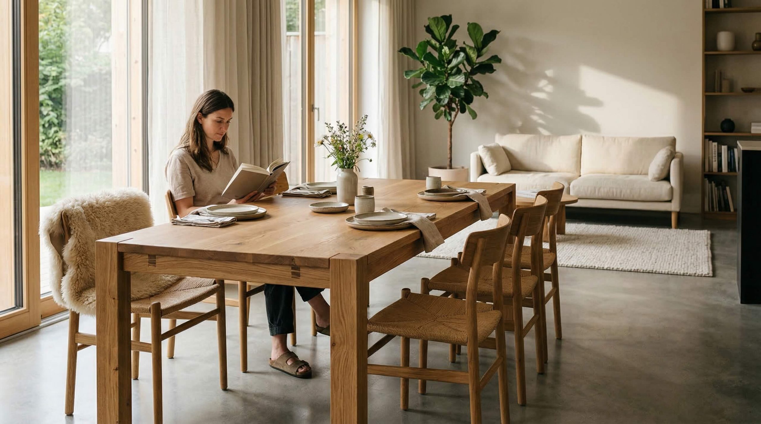 Hyperrealistisches Interieur, das zeigt, wie man Esszimmer Möbel stilvoll zonieren kann und offene Wohnbereiche harmonisch strukturiert.