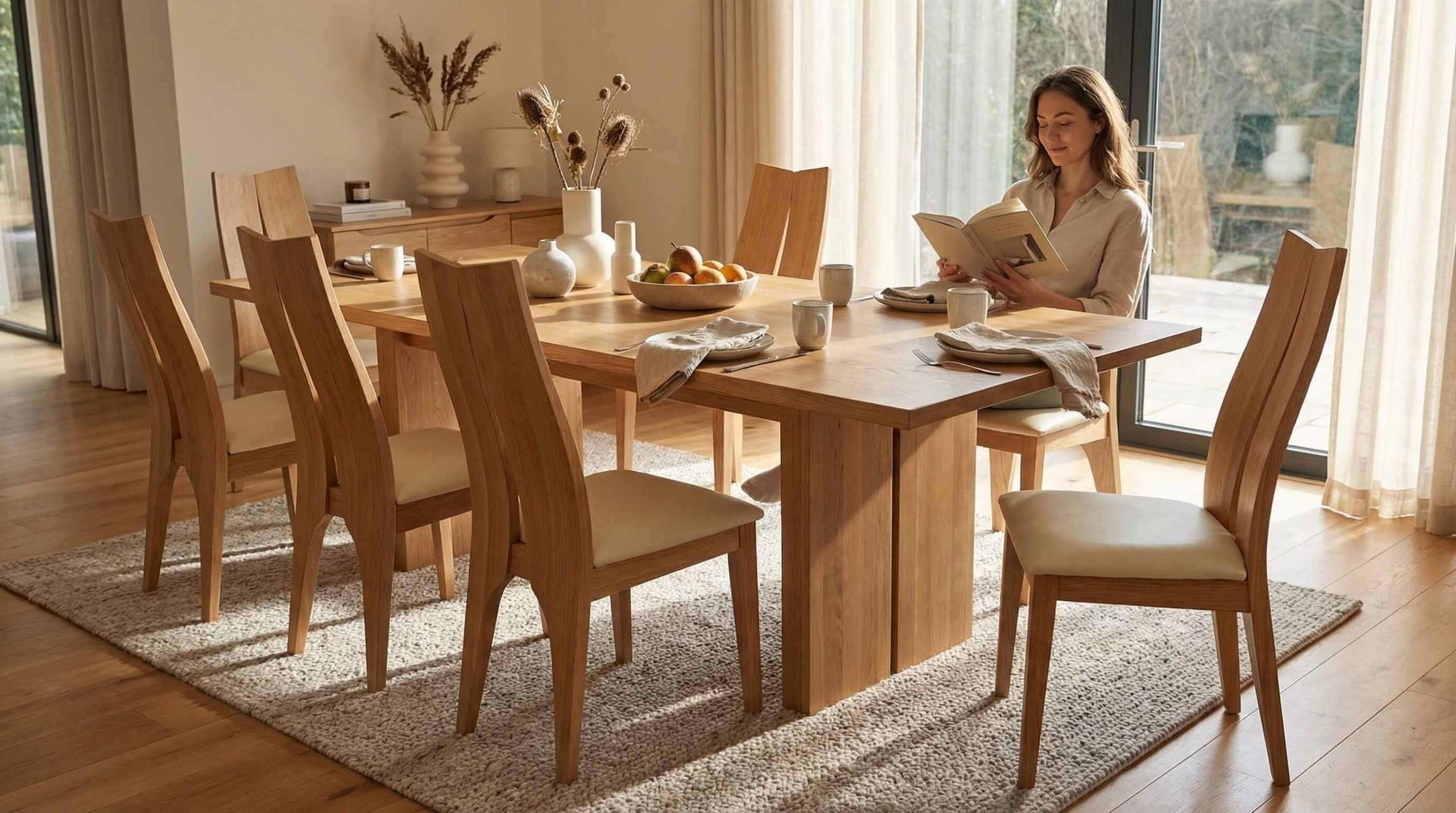 Modernes Esszimmer, das zeigt, wie Sie Esszimmer Holzmaterialien gezielt kombinieren können – warm, harmonisch, realistisch.