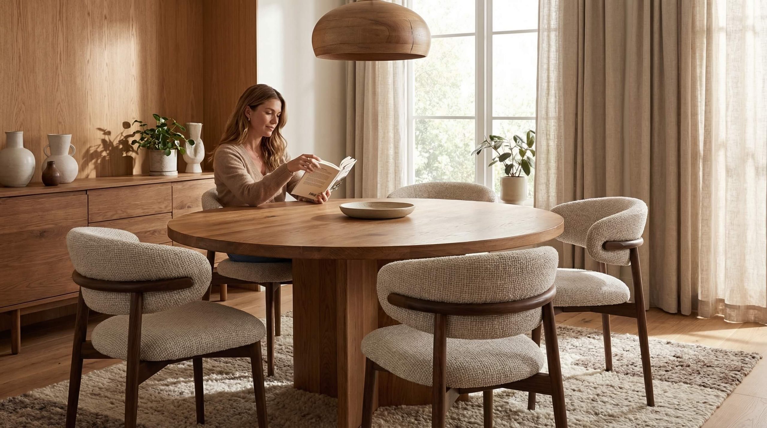 Hochwertige Szene mit Holzstuhl Komfort Alltag Esszimmer in warmem, modernen Wohnambiente.