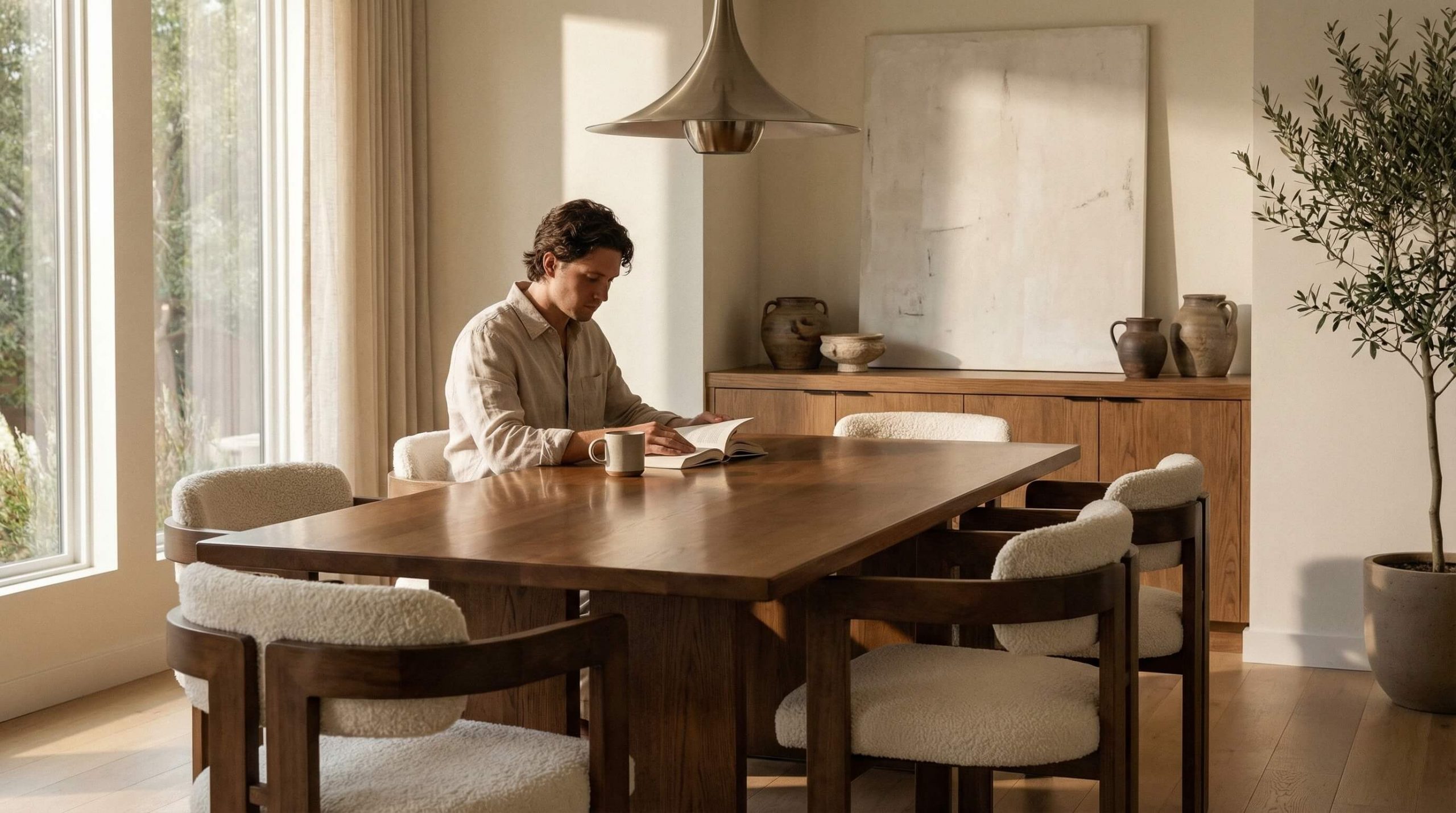 Stimmungsvolle Esszimmer Beleuchtung Holzstühle inszenieren in einem modernen, warmen Interior.